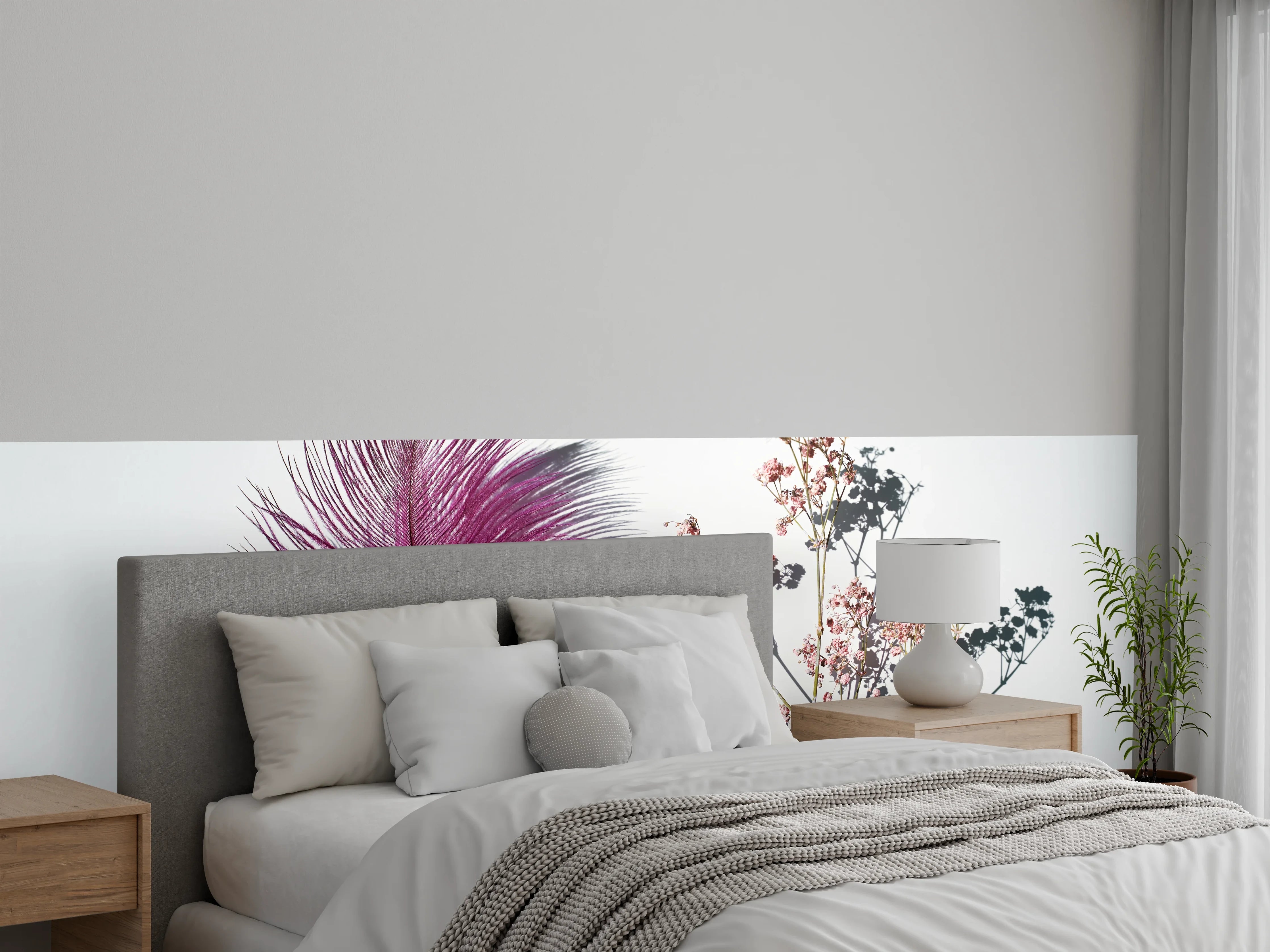 Wandverkleidung Schlafzimmer - Feder trifft Blüten Zweige Weiß