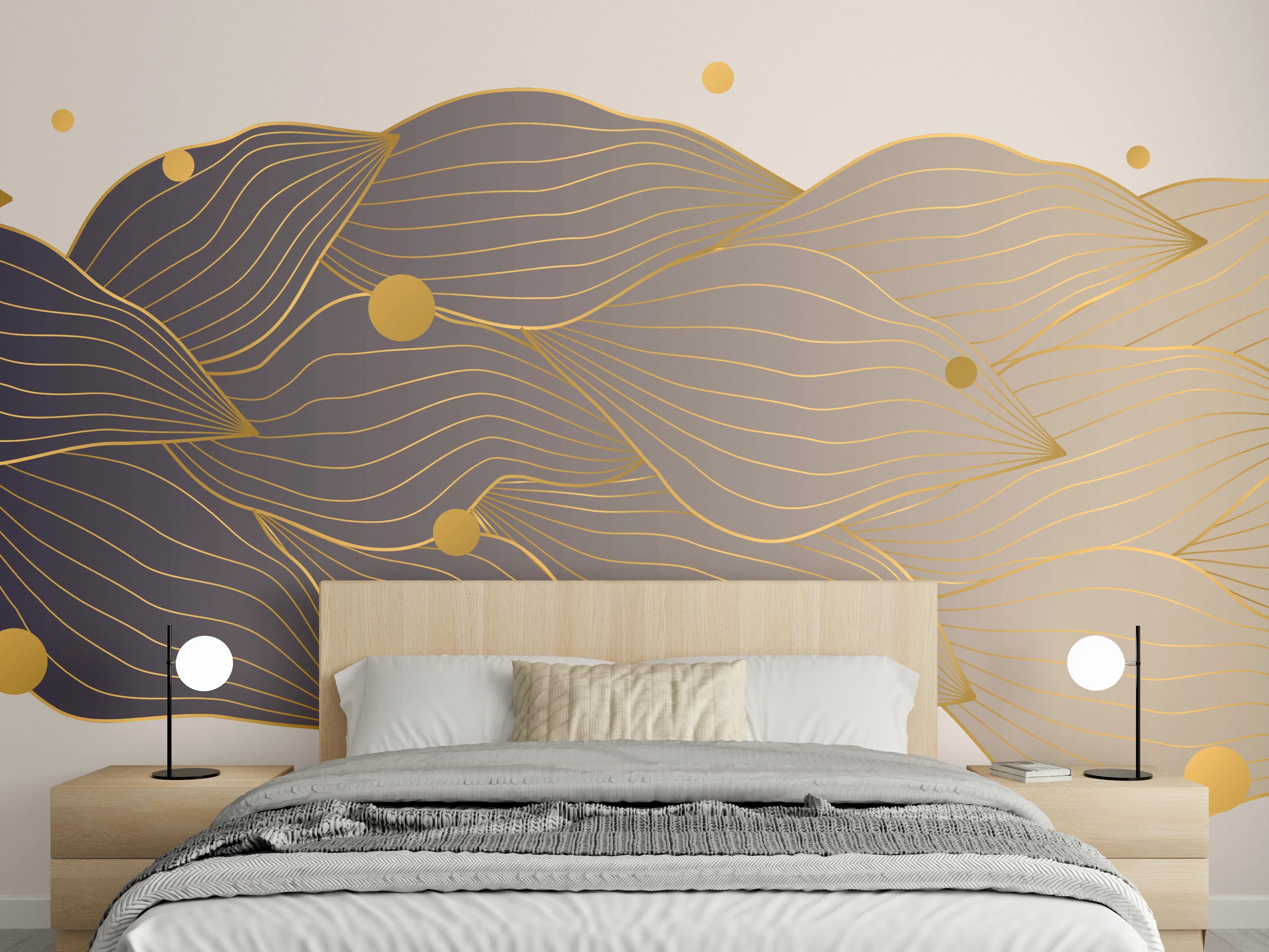 Wandverkleidung Schlafzimmer - Feine Goldlinien Kunst auf weißem Untergrund