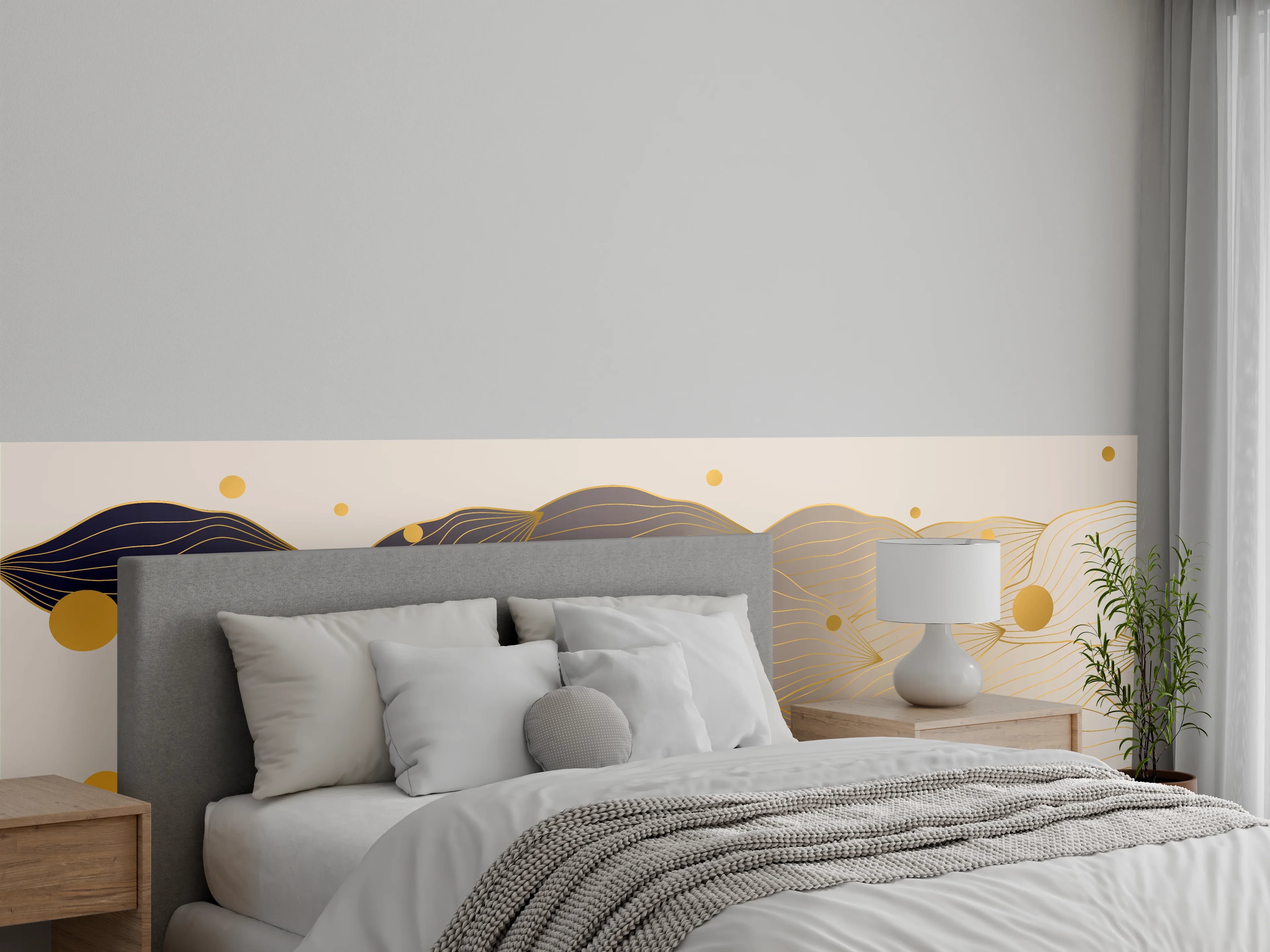 Wandverkleidung Schlafzimmer - Feine Goldlinien Kunst auf weißem Untergrund