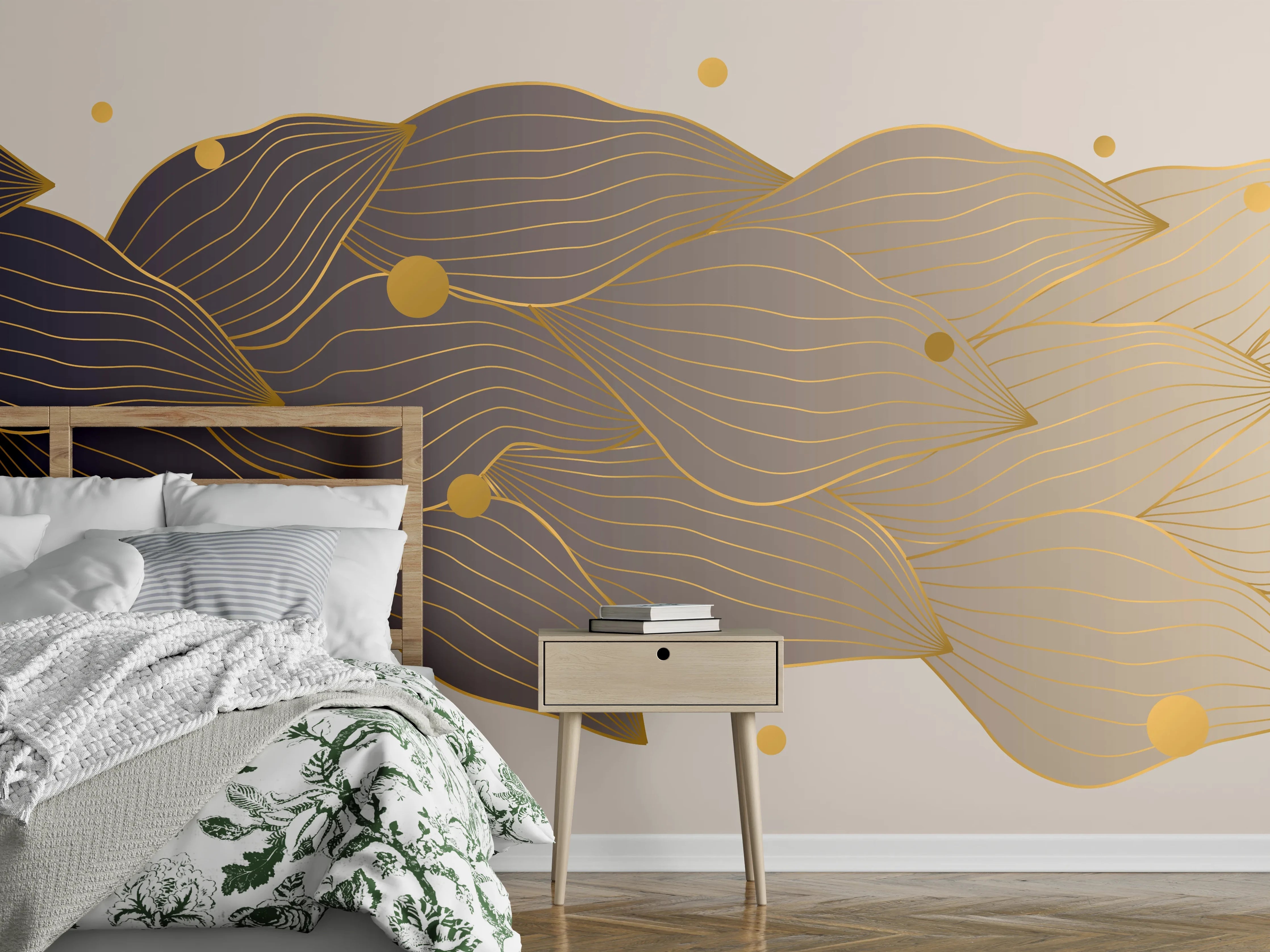 Wandverkleidung Schlafzimmer - Feine Goldlinien Kunst auf weißem Untergrund