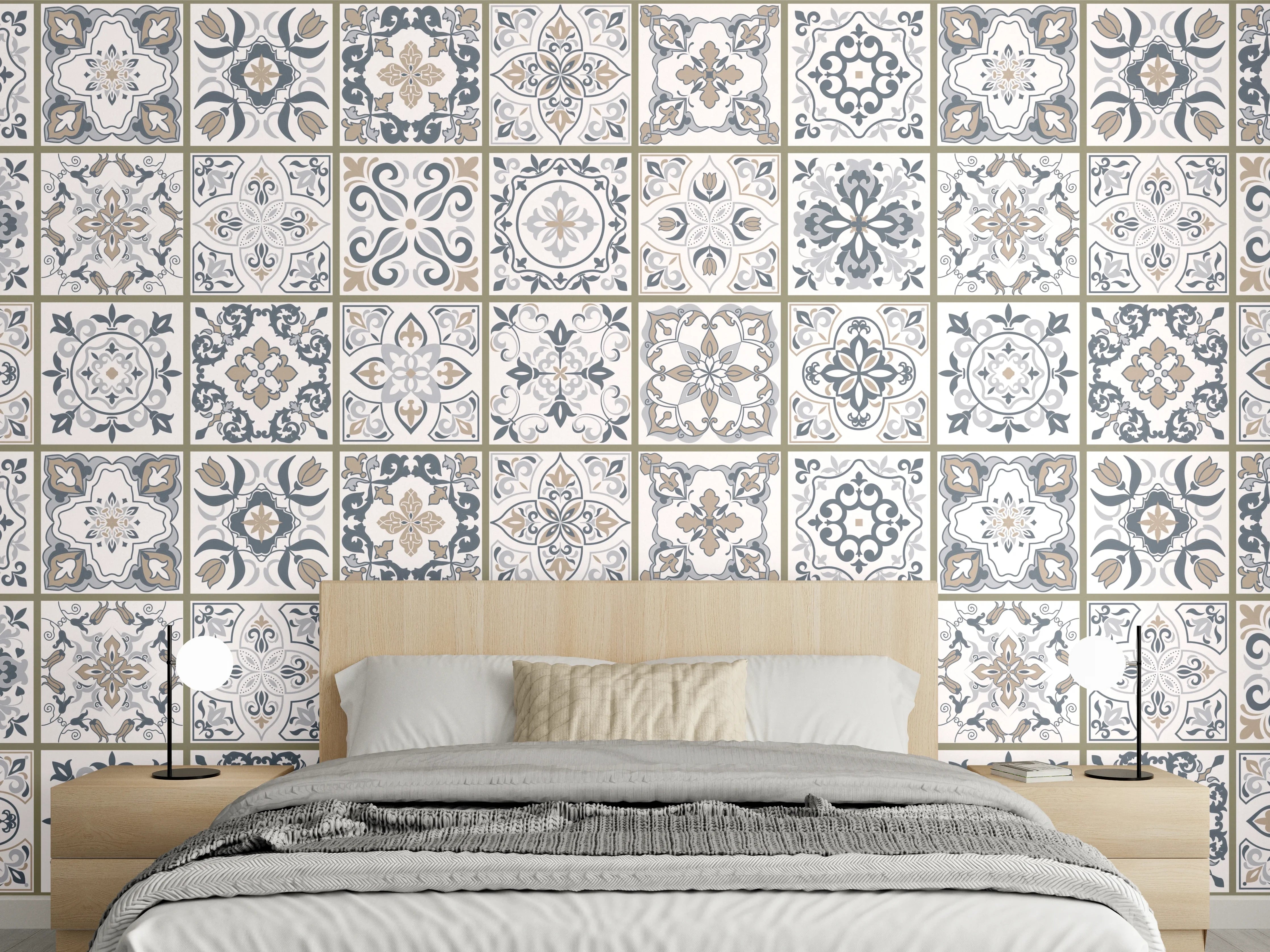 Wandverkleidung Schlafzimmer - Feine Grautöne im geometrischen Weißmuster