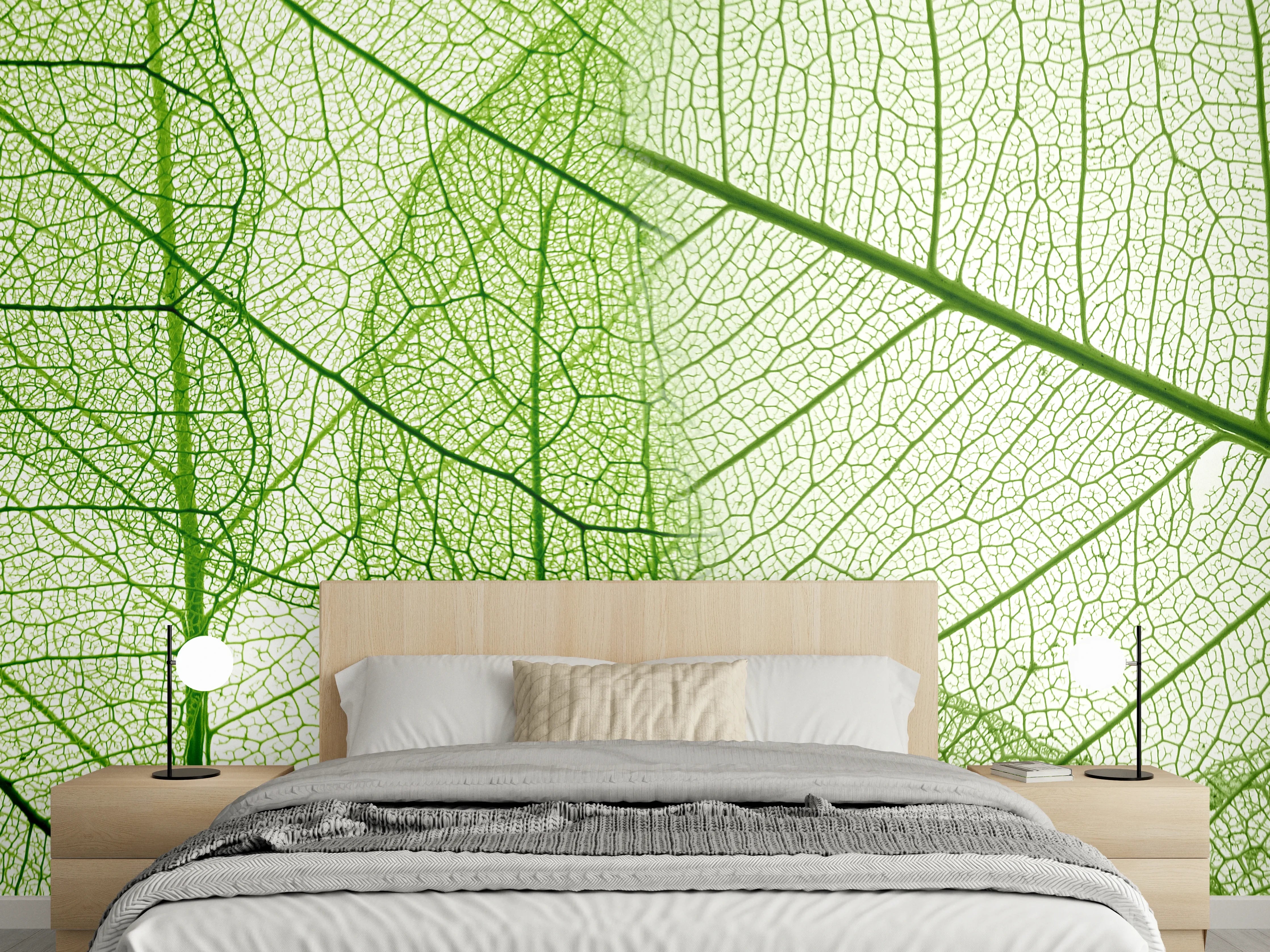 Wandverkleidung Schlafzimmer - Feine grüne Blattstrukturen Naturmotiv