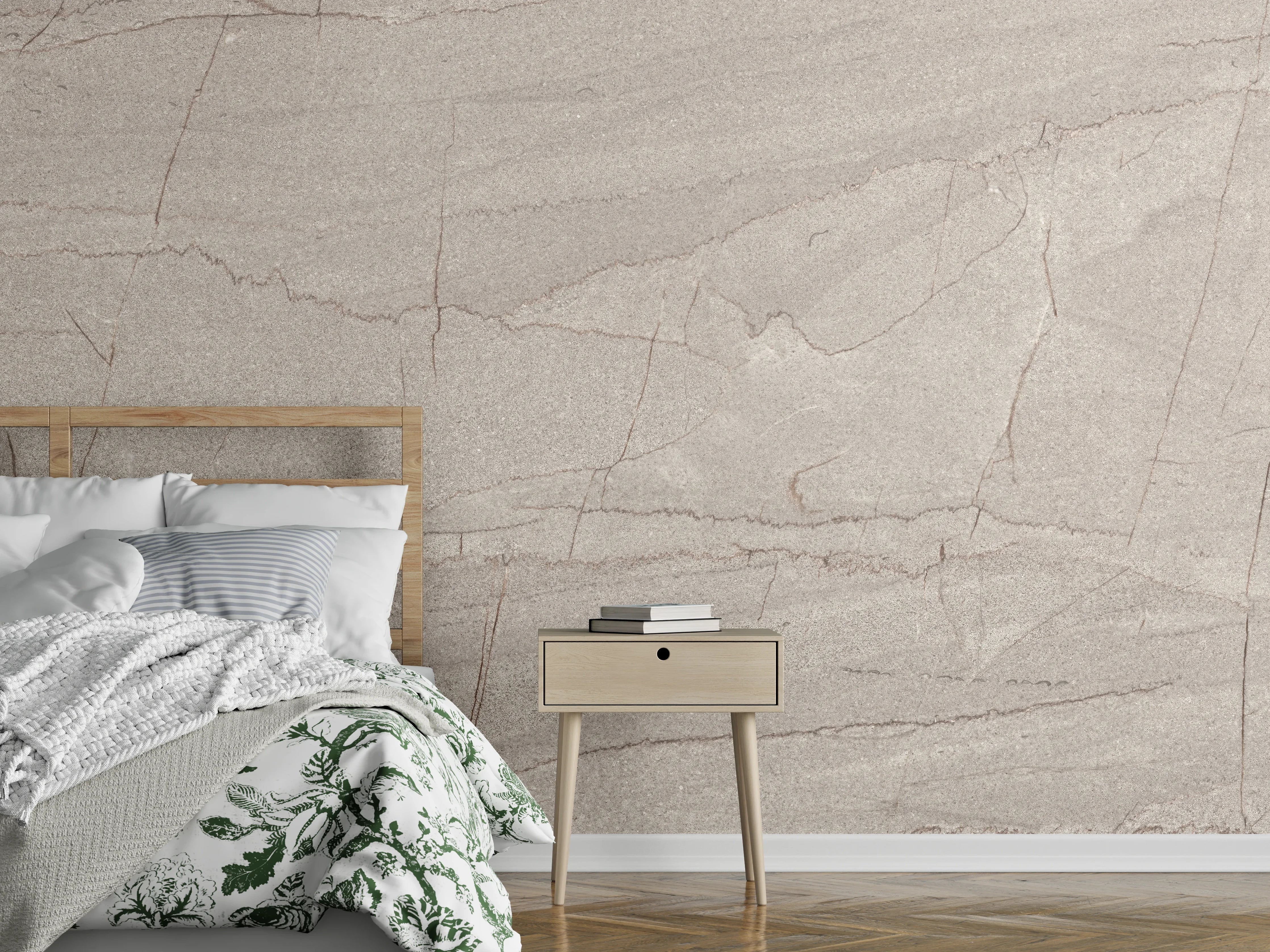 Wandverkleidung Schlafzimmer - Feiner sandfarbener Marmorlook mit Struktur
