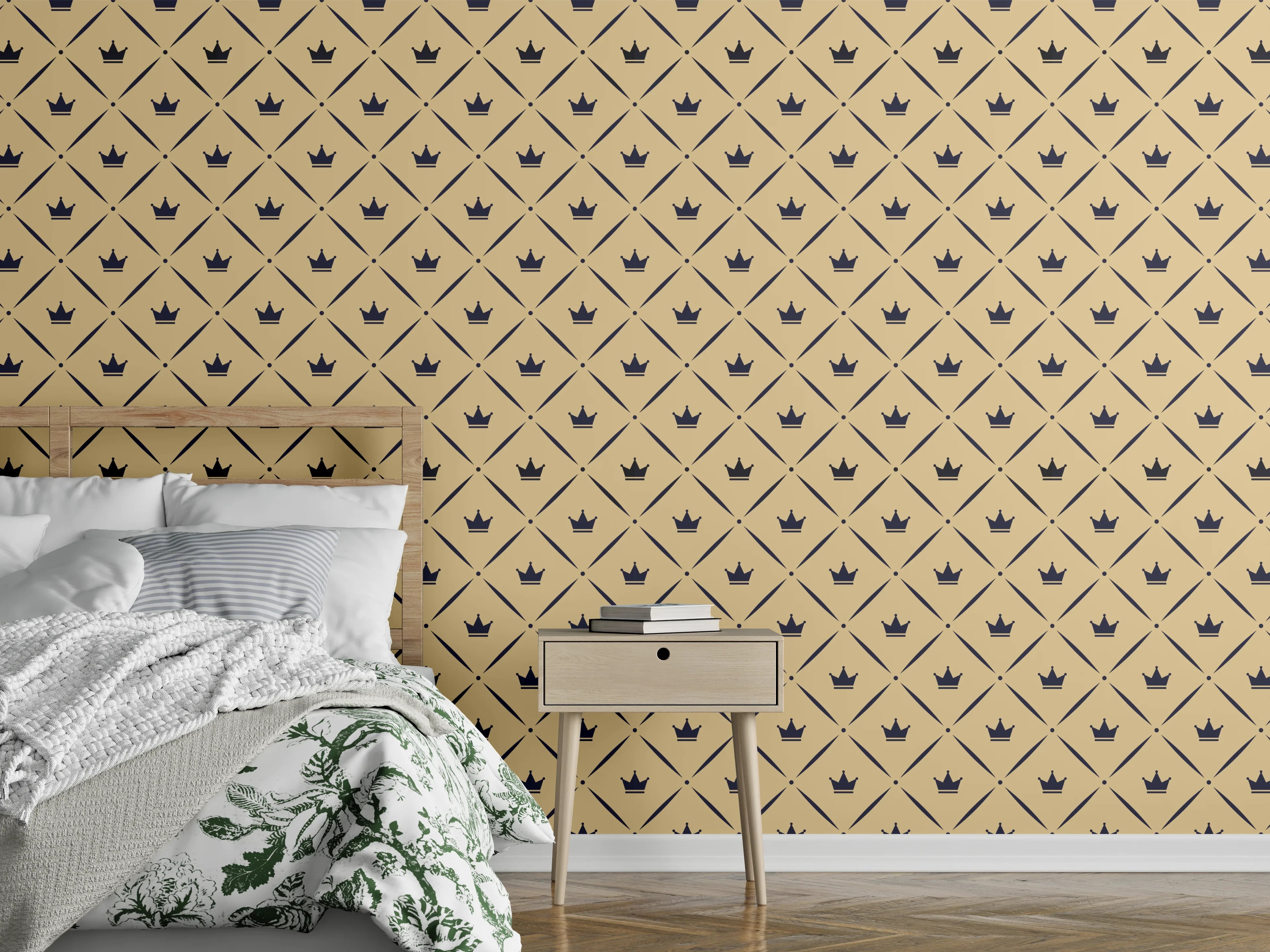 Wandverkleidung Schlafzimmer - Feines geometrisches Muster in Gold und Grautönen