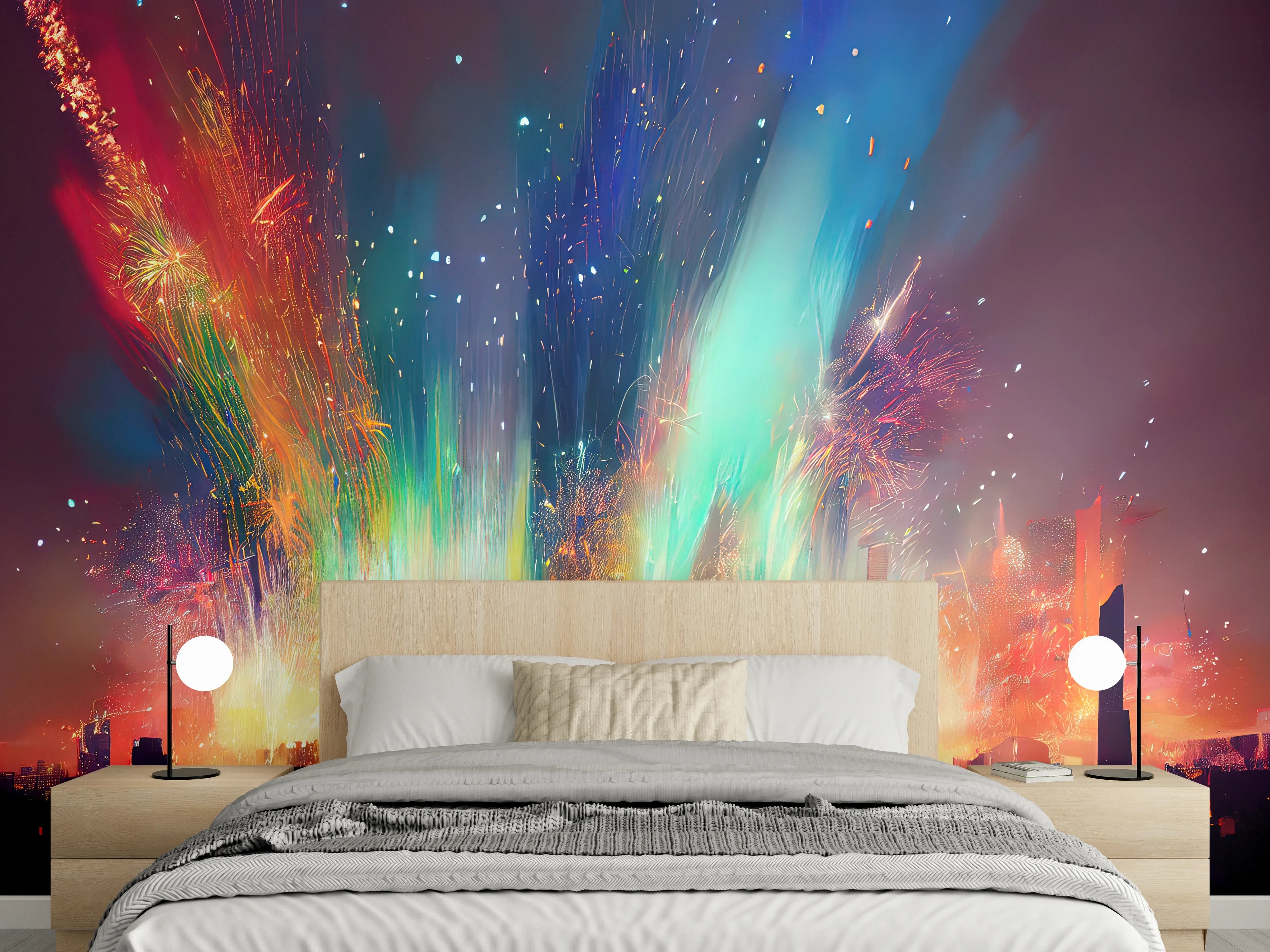 Wandverkleidung Schlafzimmer - Feuerwerk über Stadt bei Nacht - Illustration