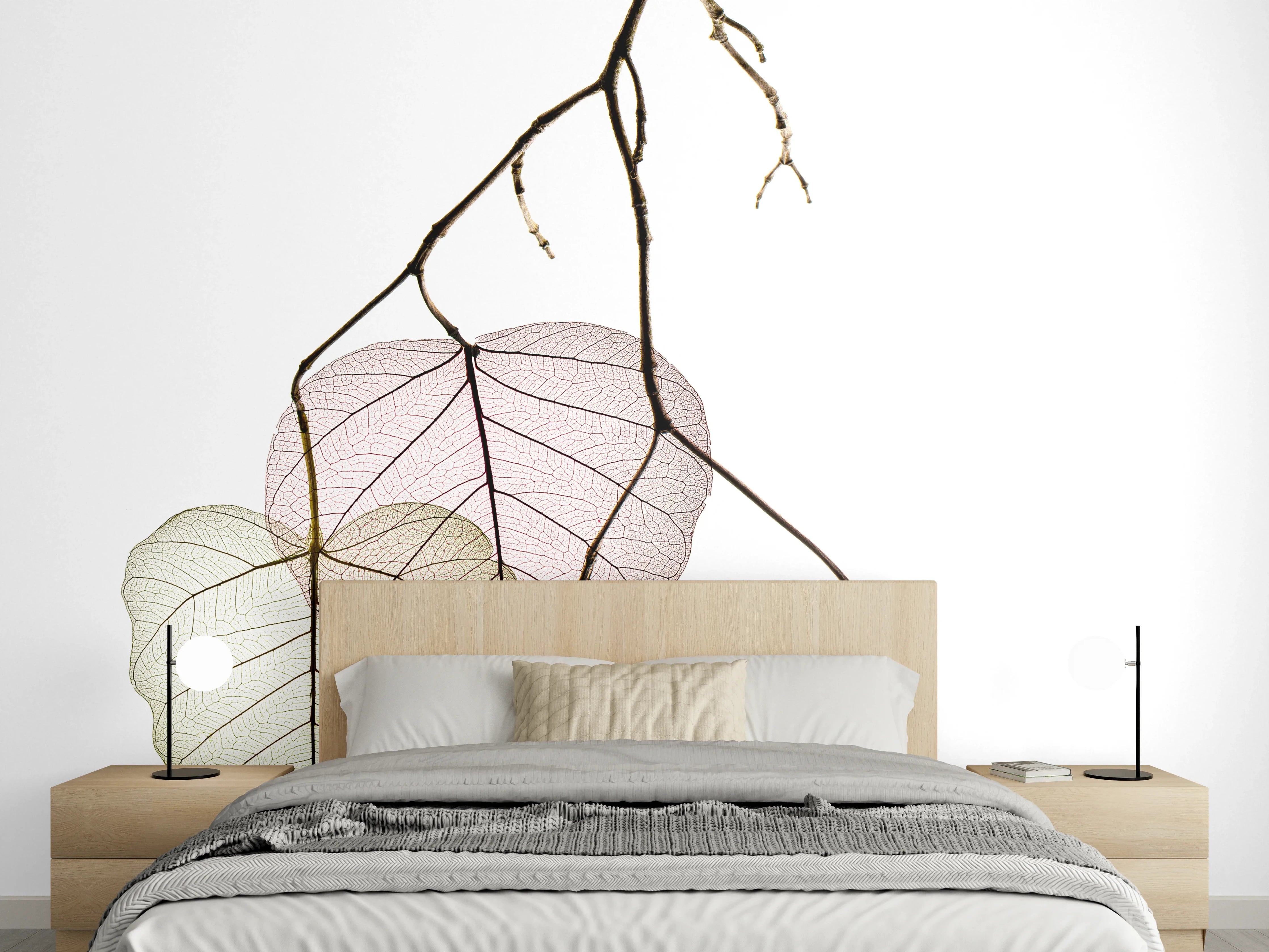 Wandverkleidung Schlafzimmer - Filigrane Bodhi-Blätter in Pastell