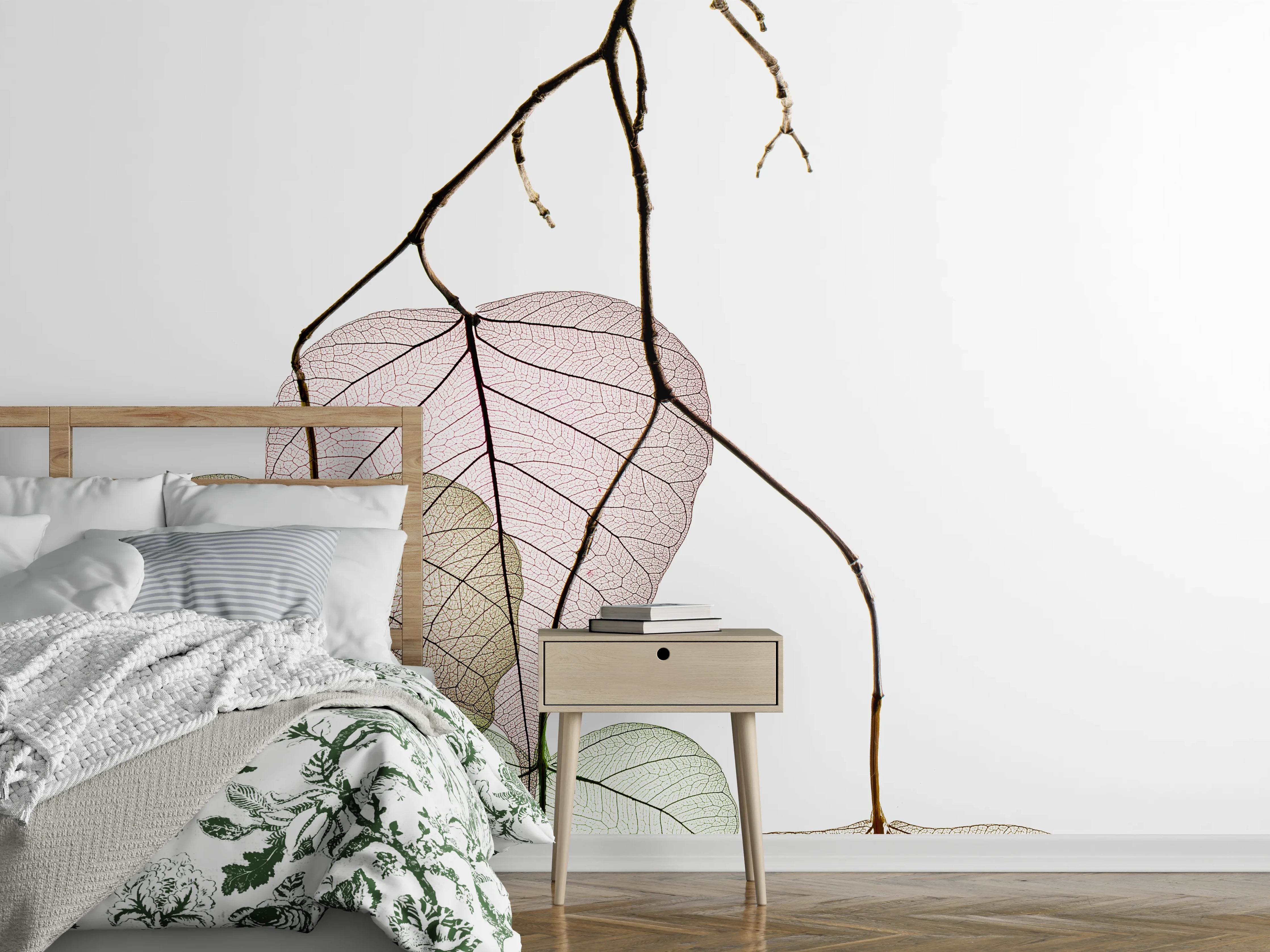 Wandverkleidung Schlafzimmer - Filigrane Bodhi-Blätter in Pastell