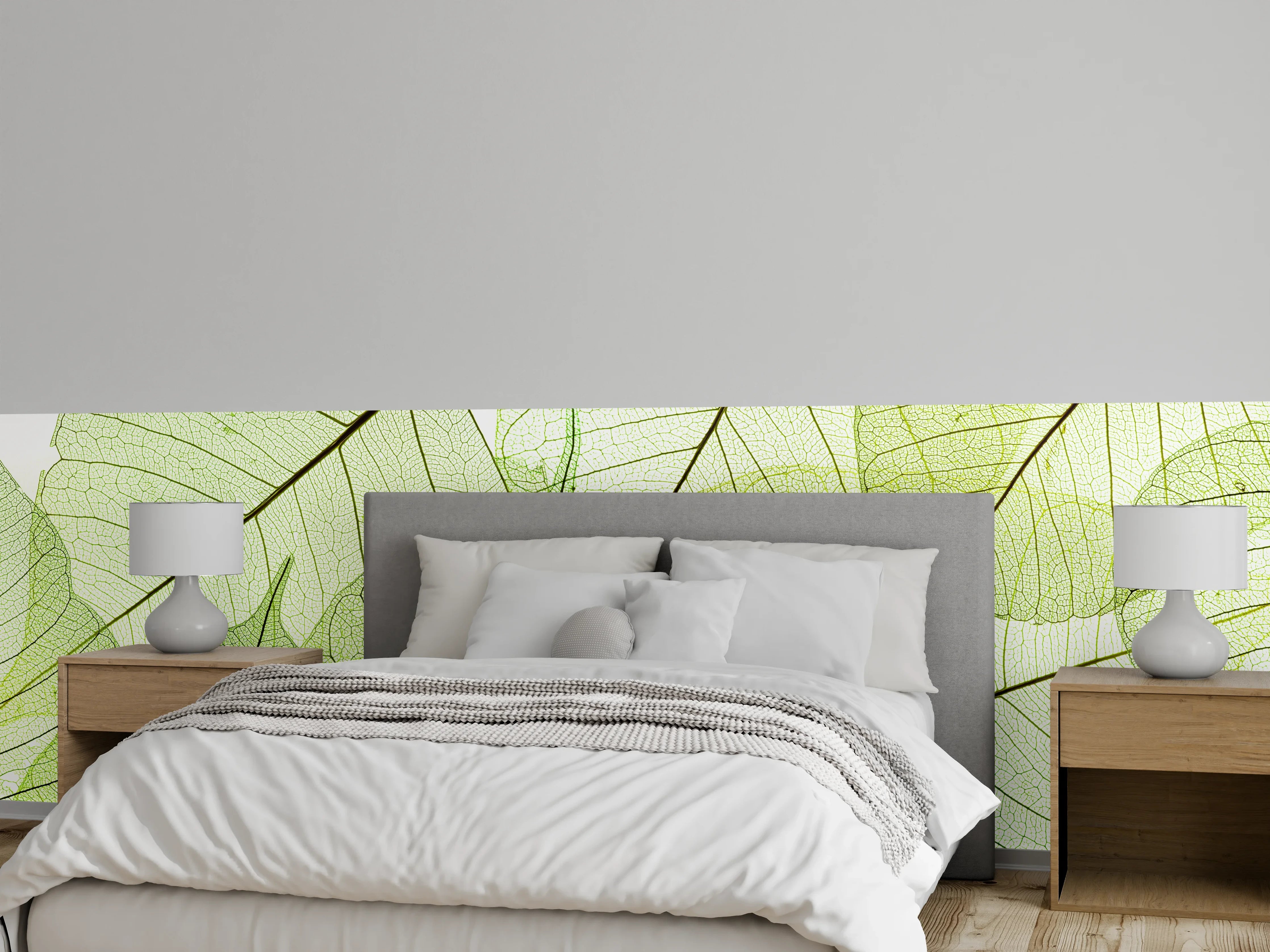 Wandverkleidung Schlafzimmer - Filigrane grüne Blätter transparent