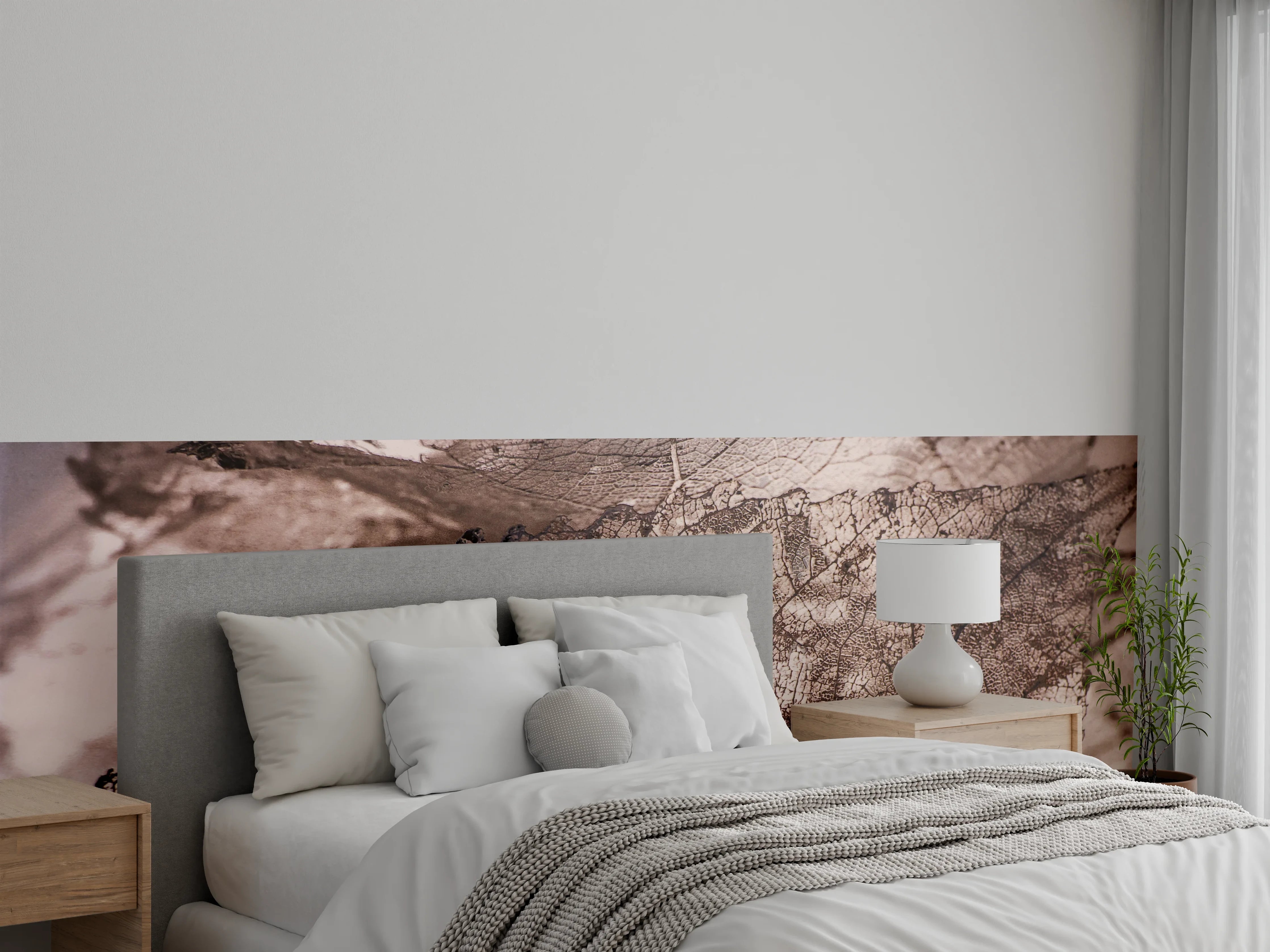 Wandverkleidung Schlafzimmer - Filigrane, transparente Blätter als Wandbild
