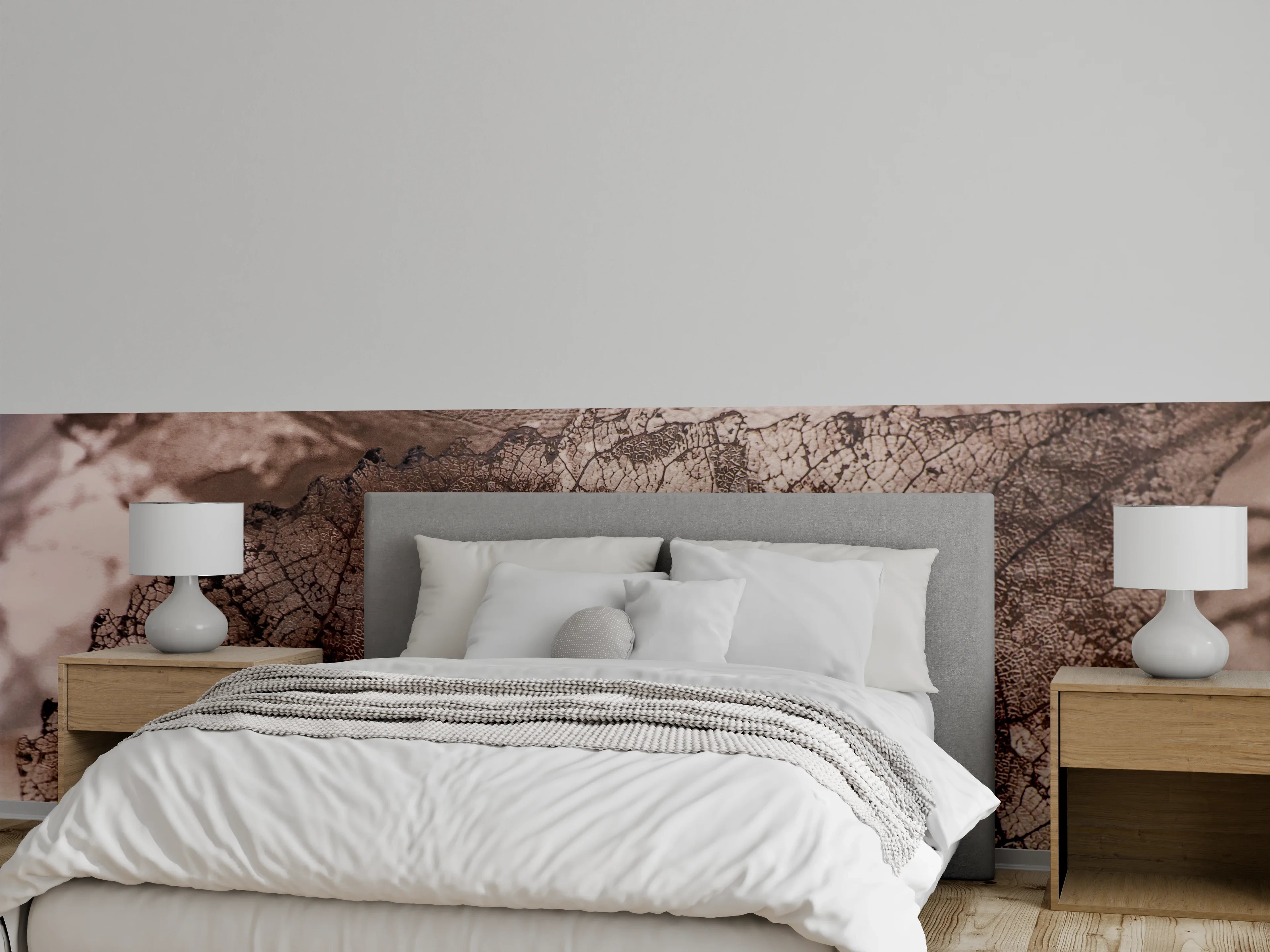 Wandverkleidung Schlafzimmer - Filigrane, transparente Blätter als Wandbild