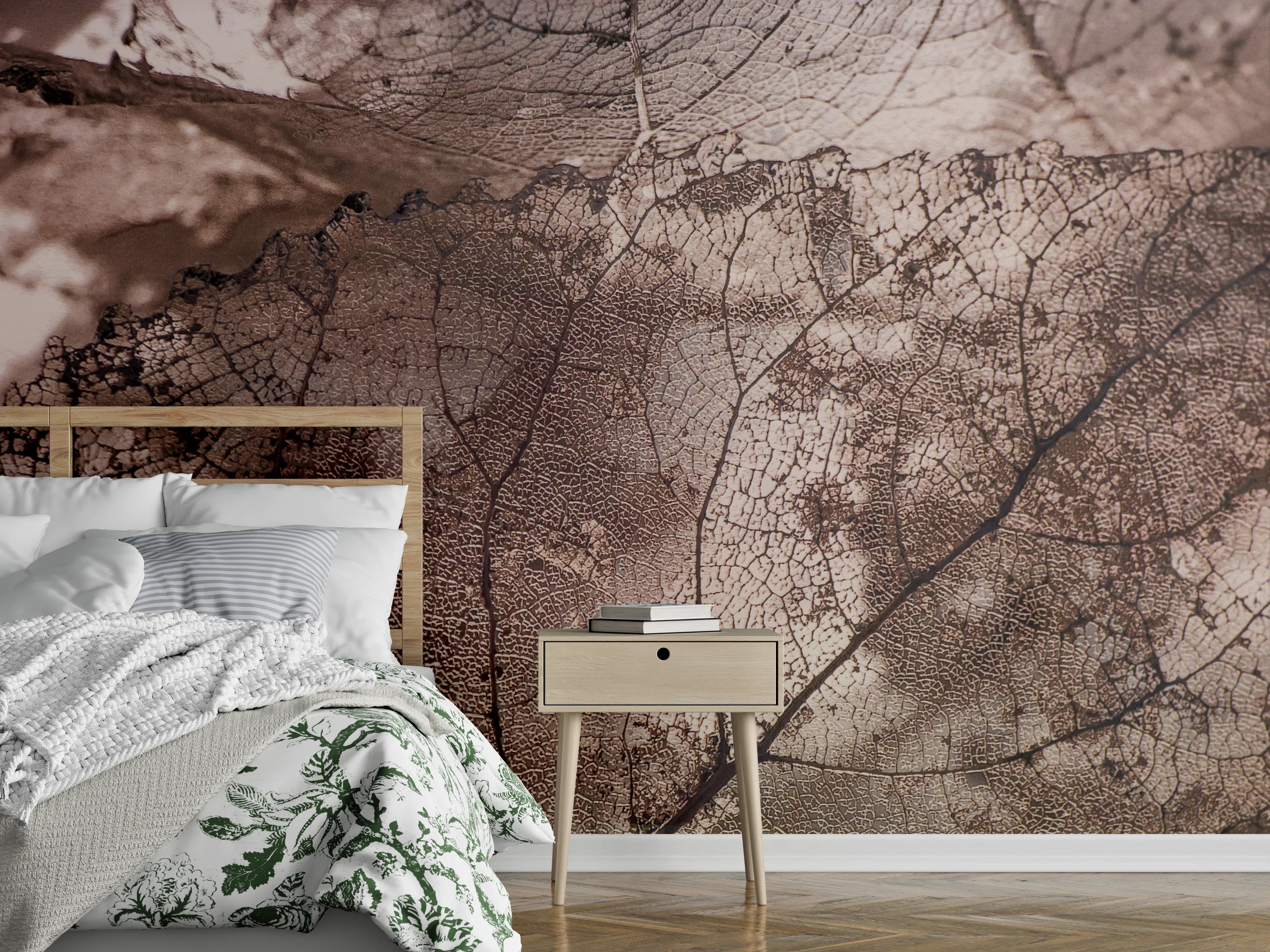 Wandverkleidung Schlafzimmer - Filigrane, transparente Blätter als Wandbild