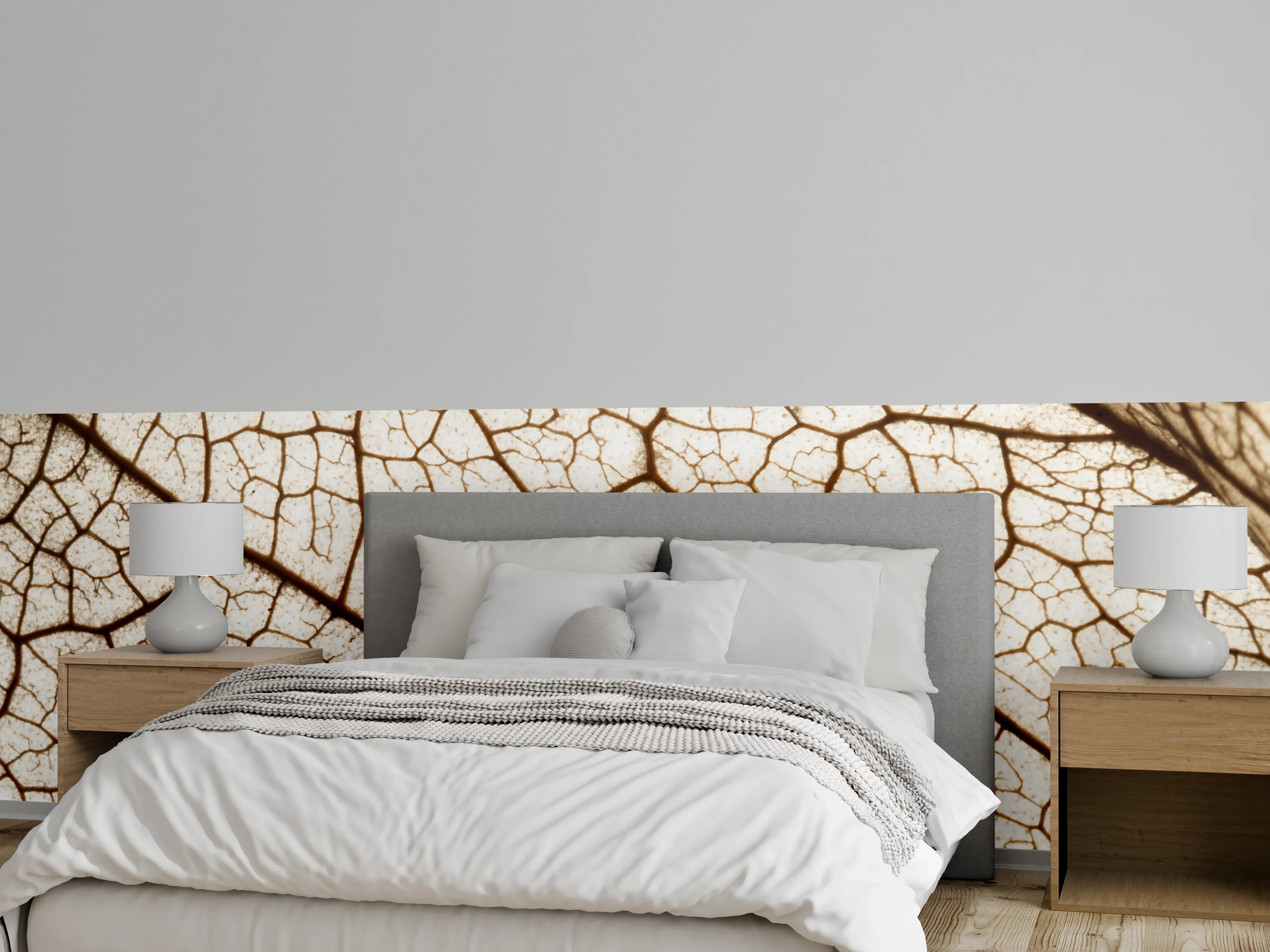 Wandverkleidung Schlafzimmer - Filigranes Blattmuster in Beige und Braun