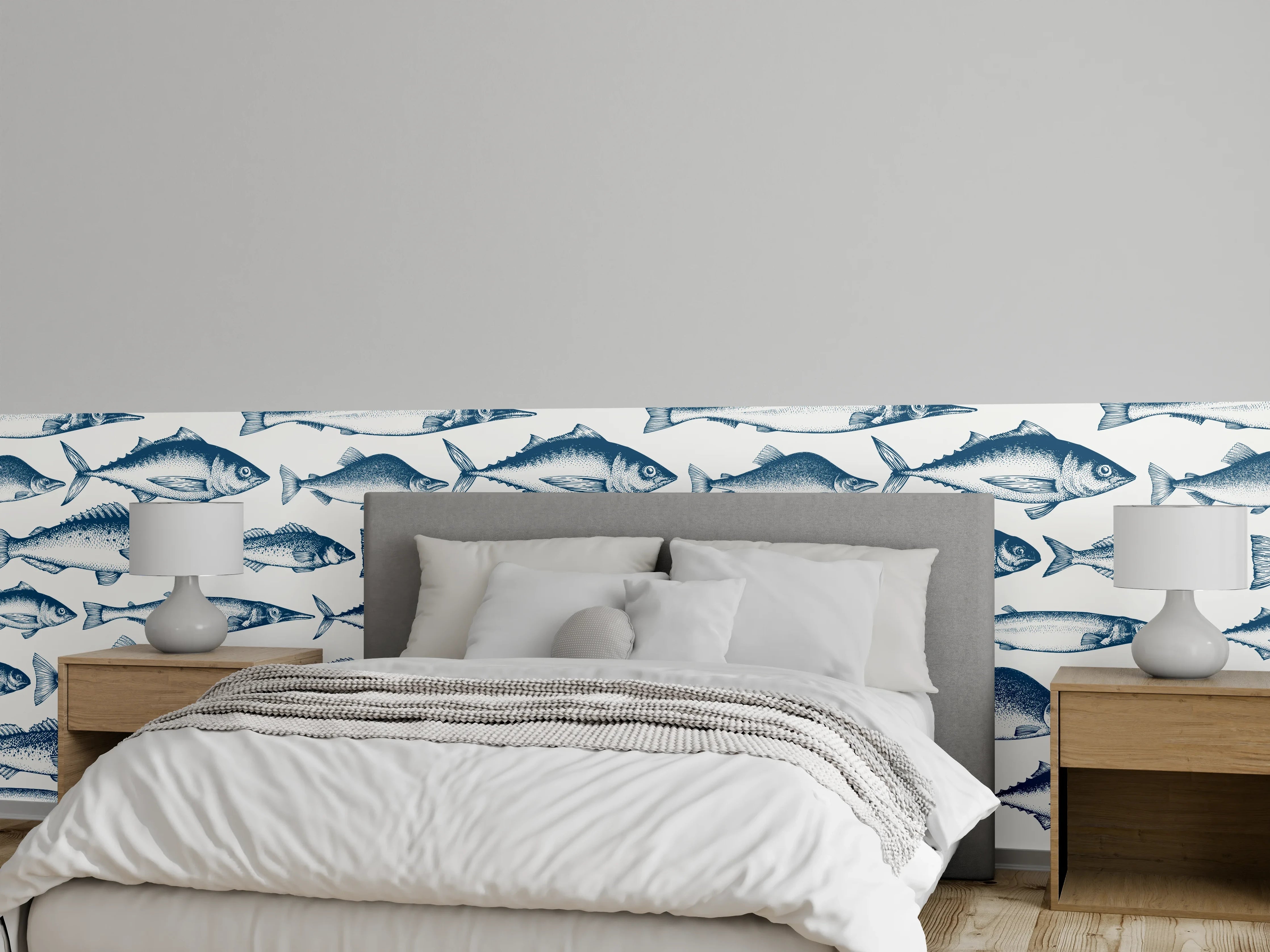 Wandverkleidung Schlafzimmer - Fisch-Design in Blau und Weiß