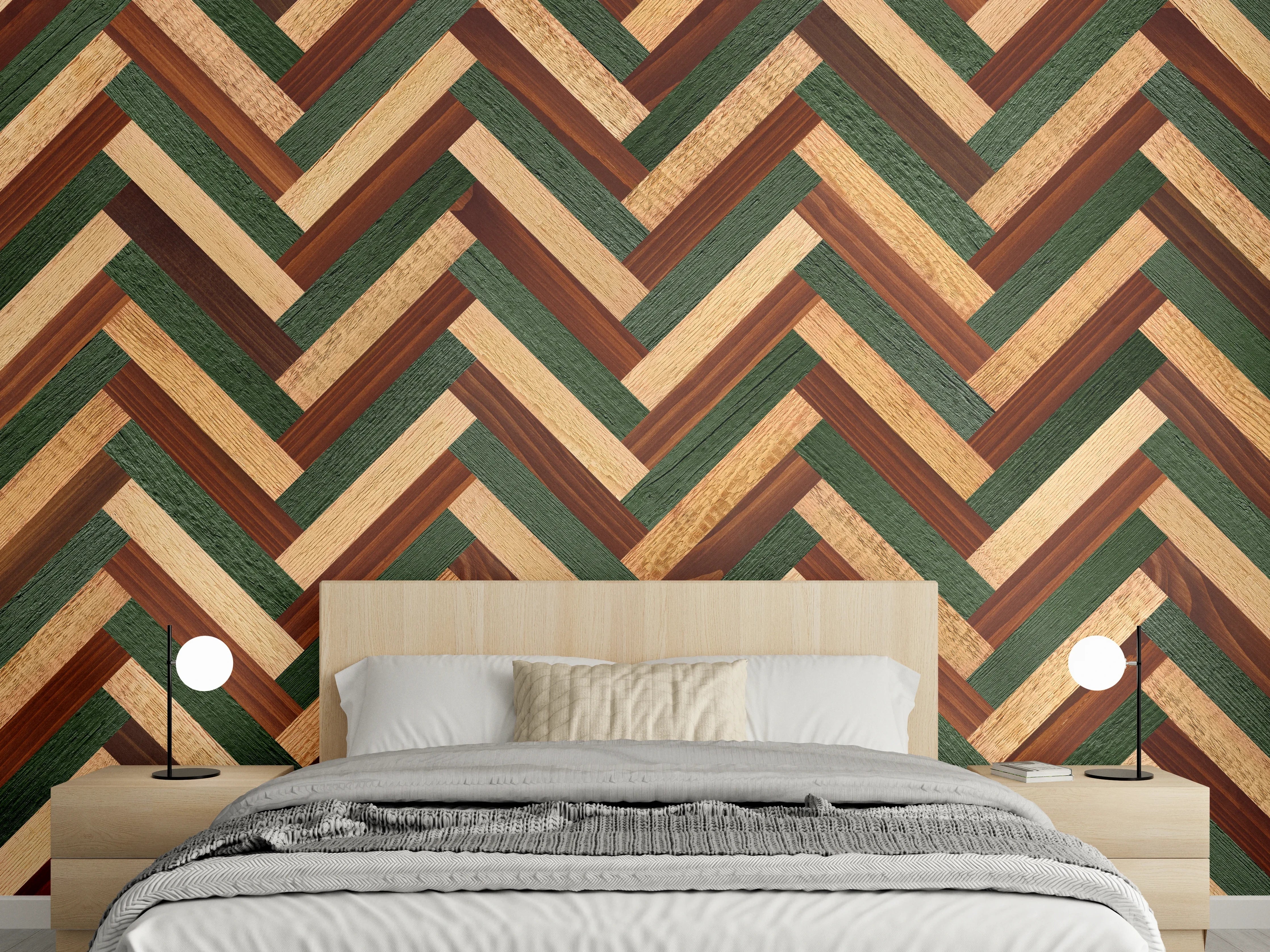 Wandverkleidung Schlafzimmer - Fischgrät Holz Muster modern grün-braun