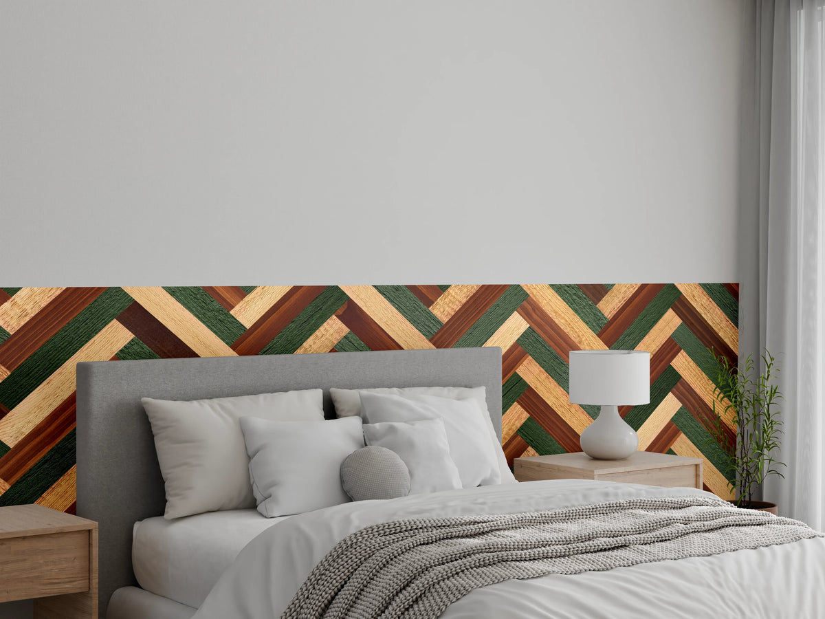 Wandverkleidung Schlafzimmer - Fischgrät Holz Muster modern grün-braun