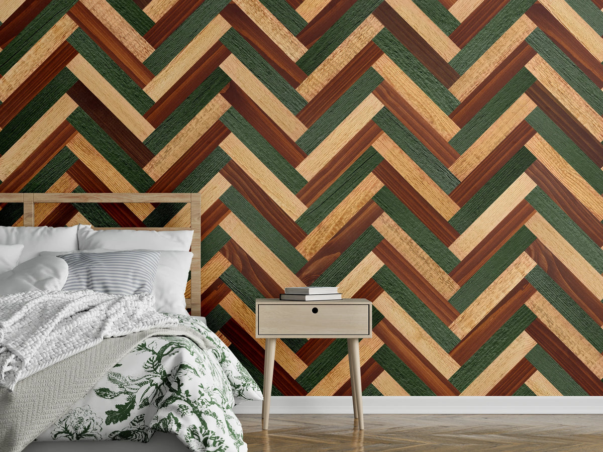 Wandverkleidung Schlafzimmer - Fischgrät Holz Muster modern grün-braun