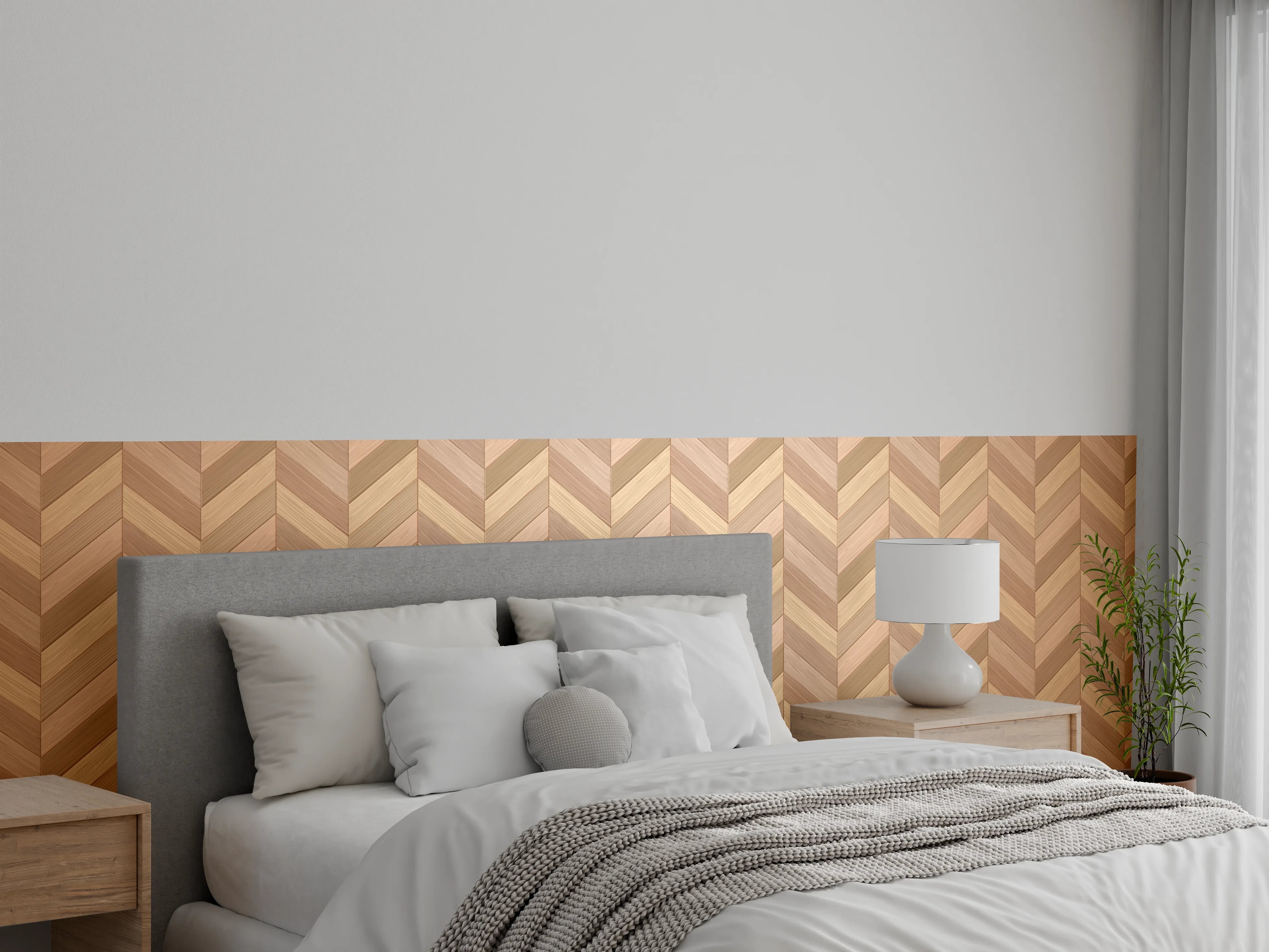 Wandverkleidung Schlafzimmer - Fischgrät Parkett Braun