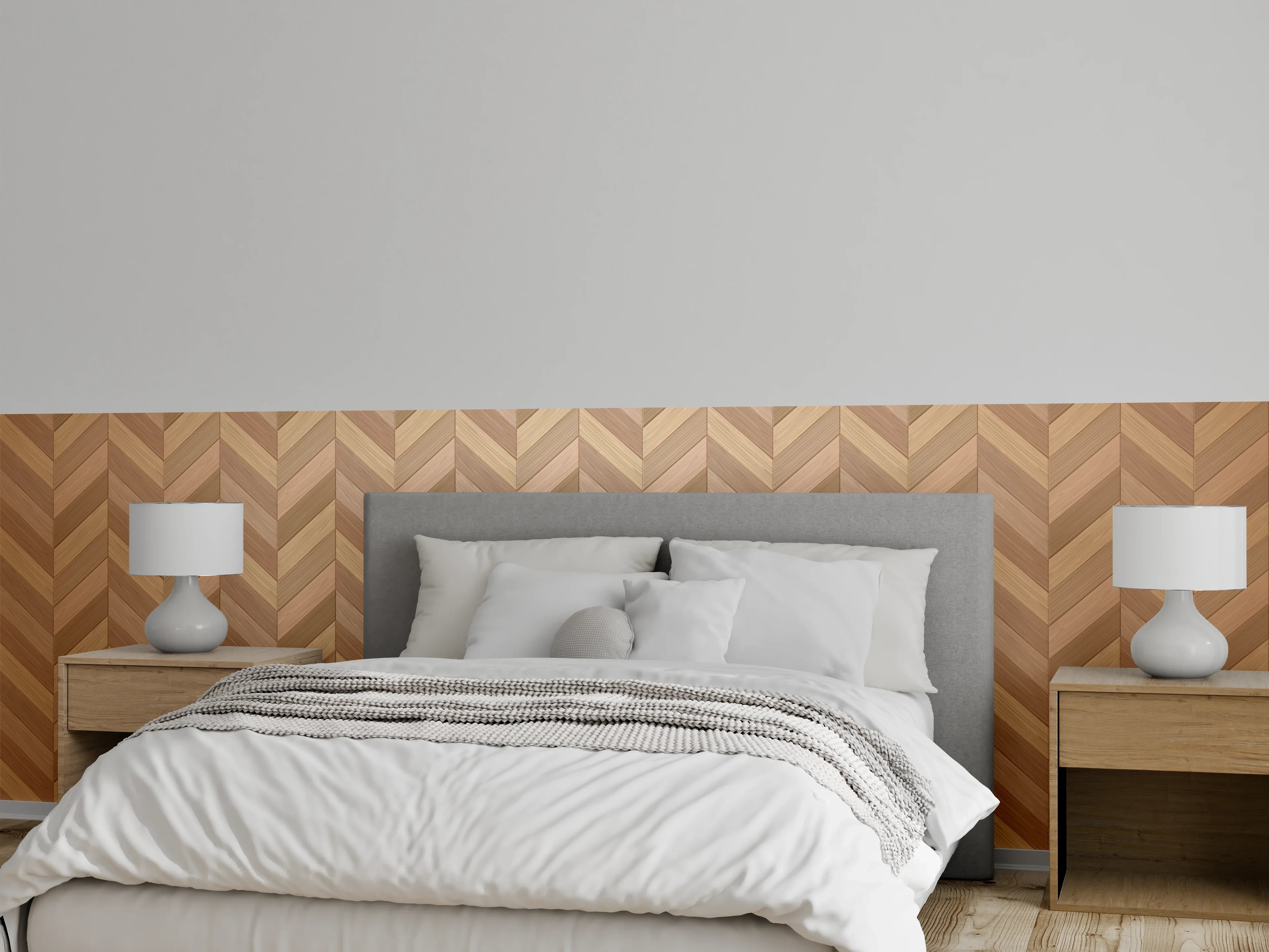 Wandverkleidung Schlafzimmer - Fischgrät Parkett Braun