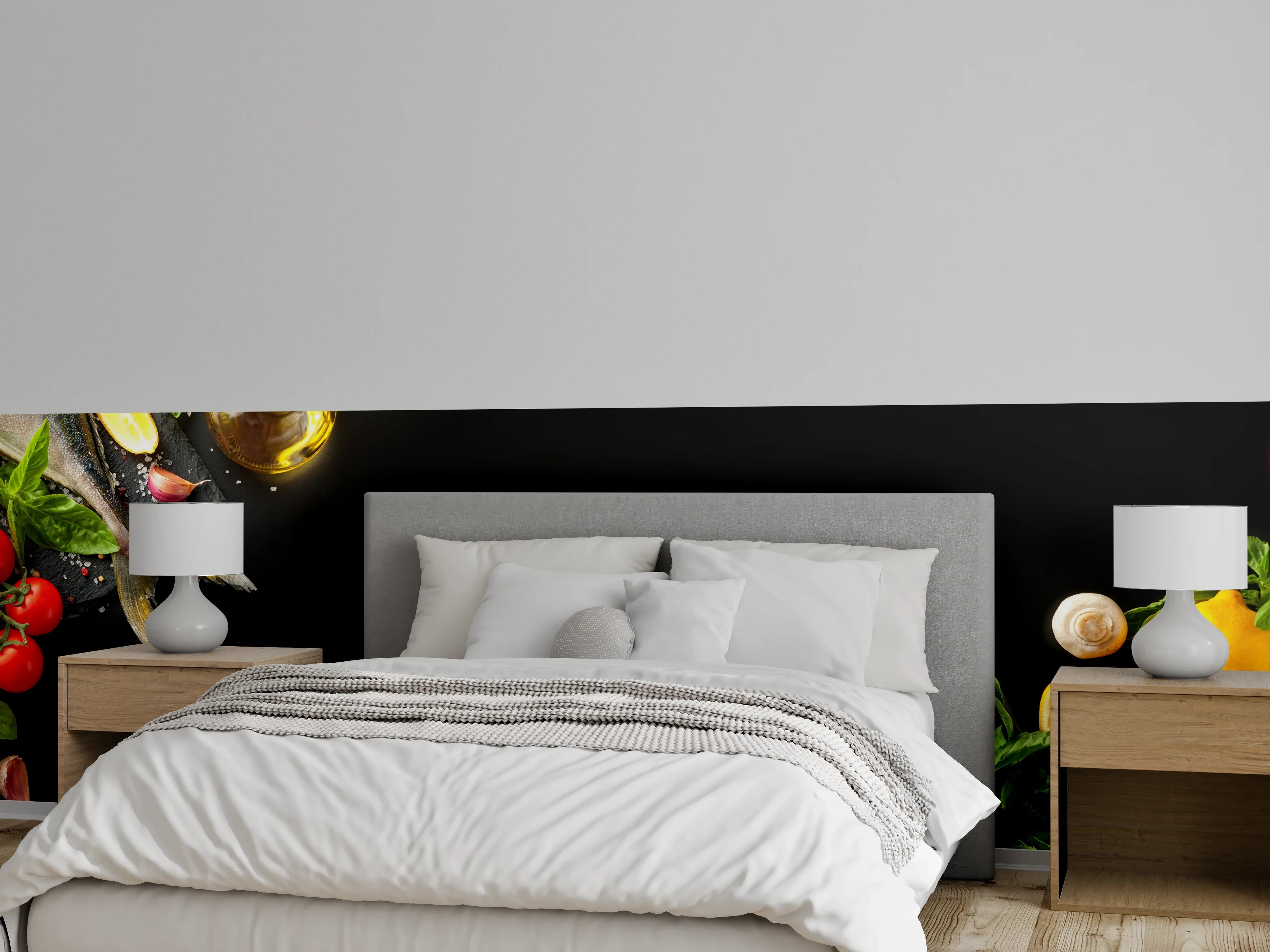 Wandverkleidung Schlafzimmer - Fischzutaten auf schwarzem Hintergrund