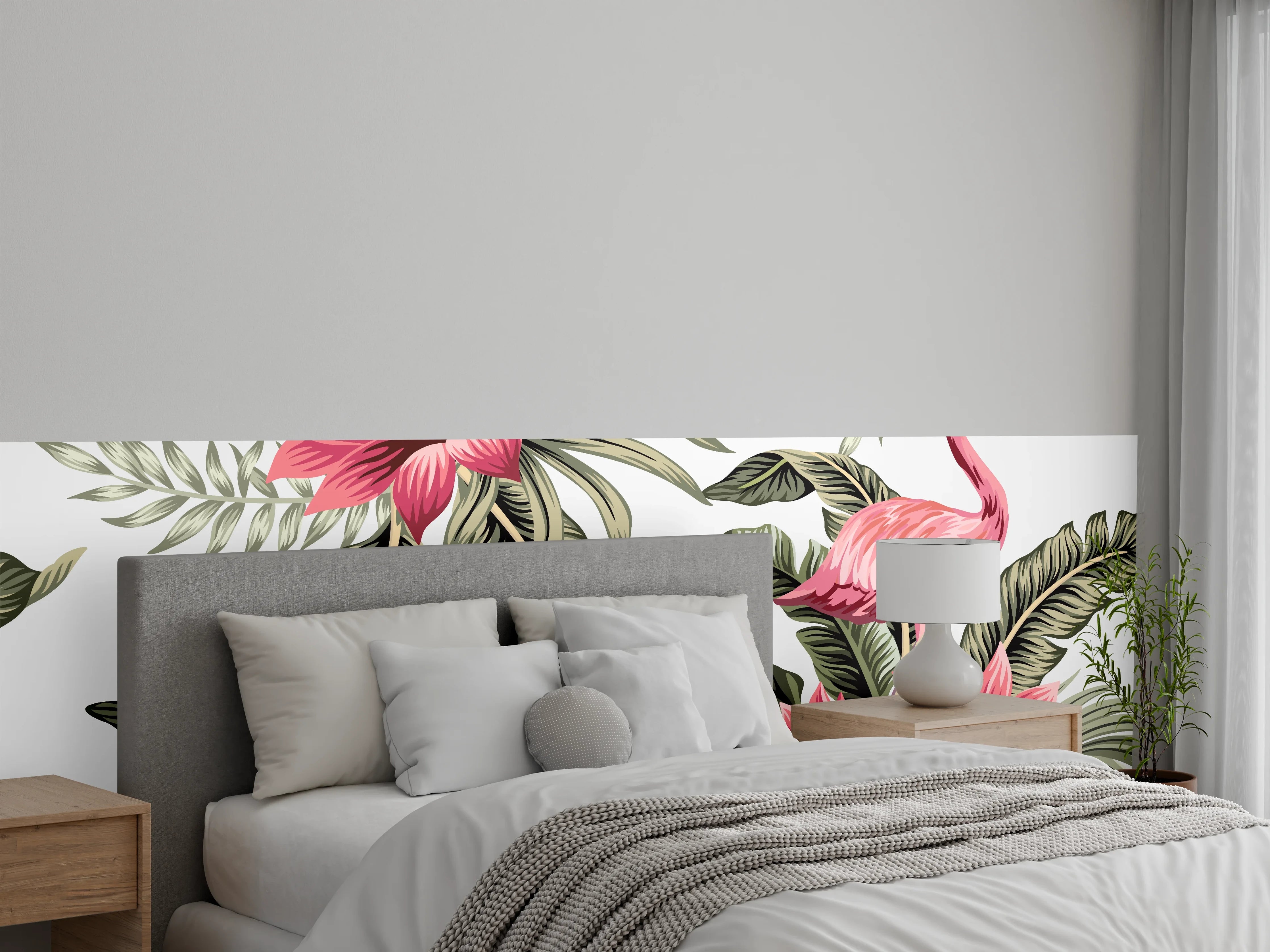 Wandverkleidung Schlafzimmer - Flamingo & Tropenblumen Muster