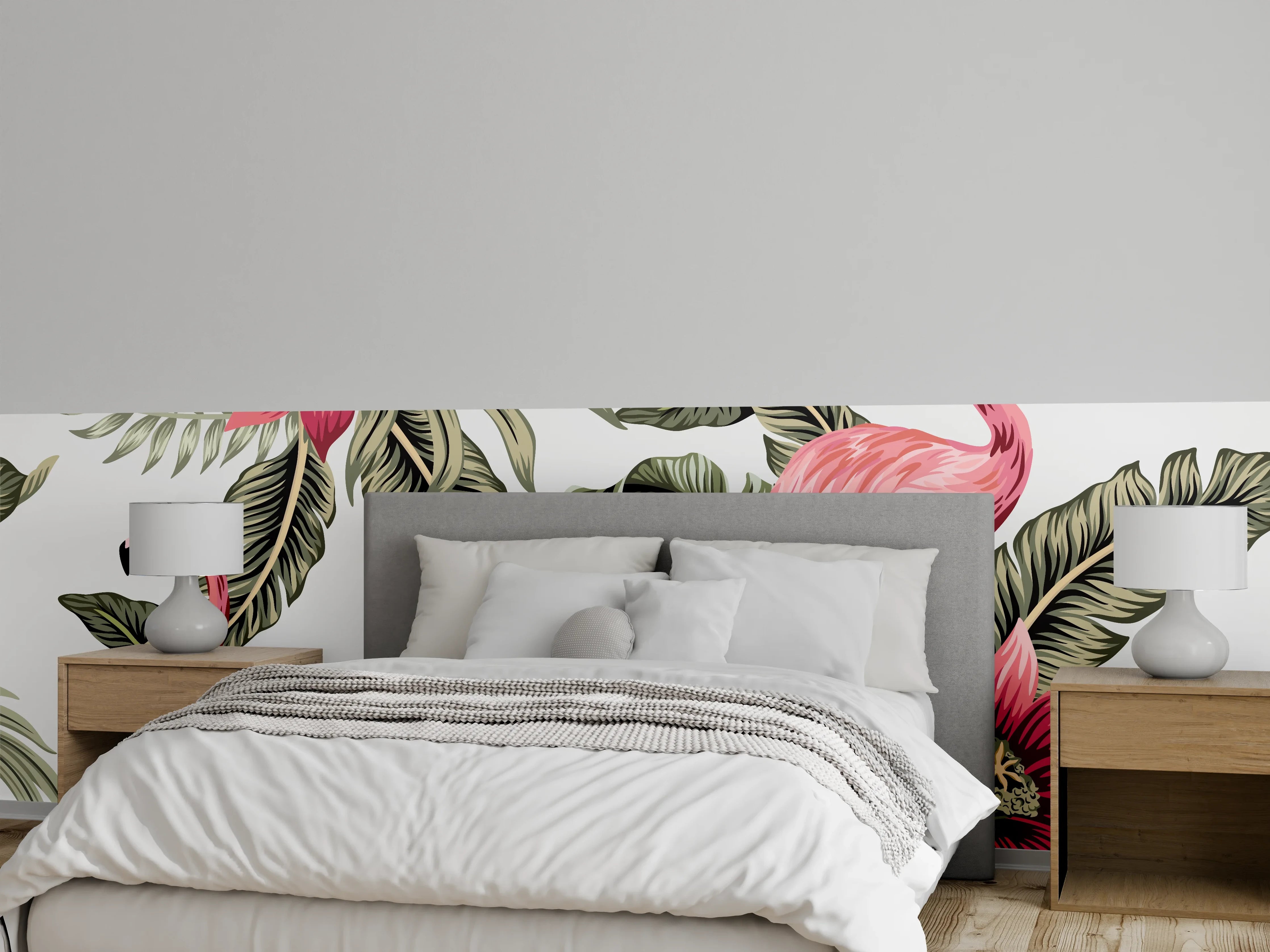 Wandverkleidung Schlafzimmer - Flamingo & Tropenblumen Muster