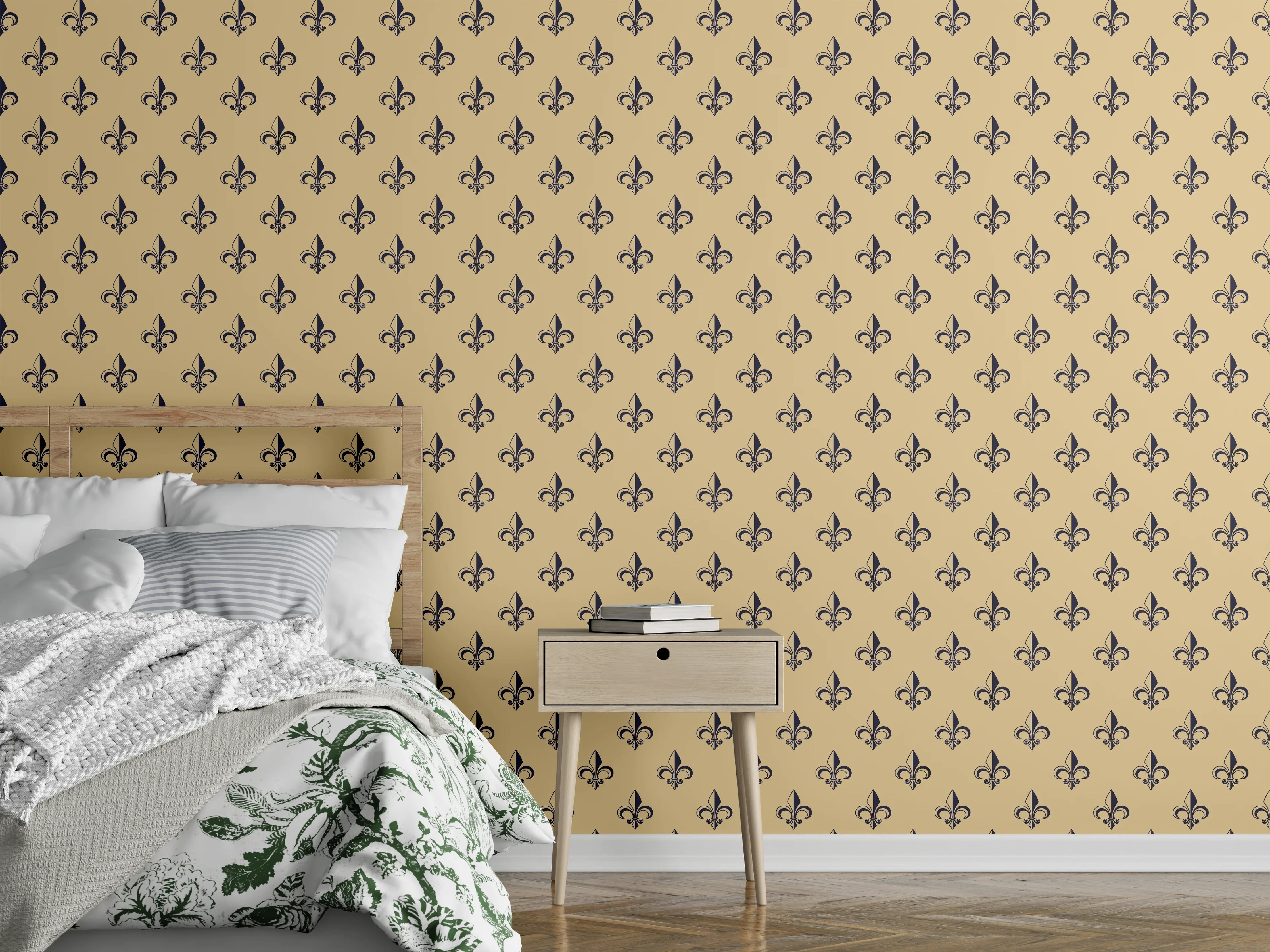 Wandverkleidung Schlafzimmer - Fleur-de-Lis Muster Retro Beige