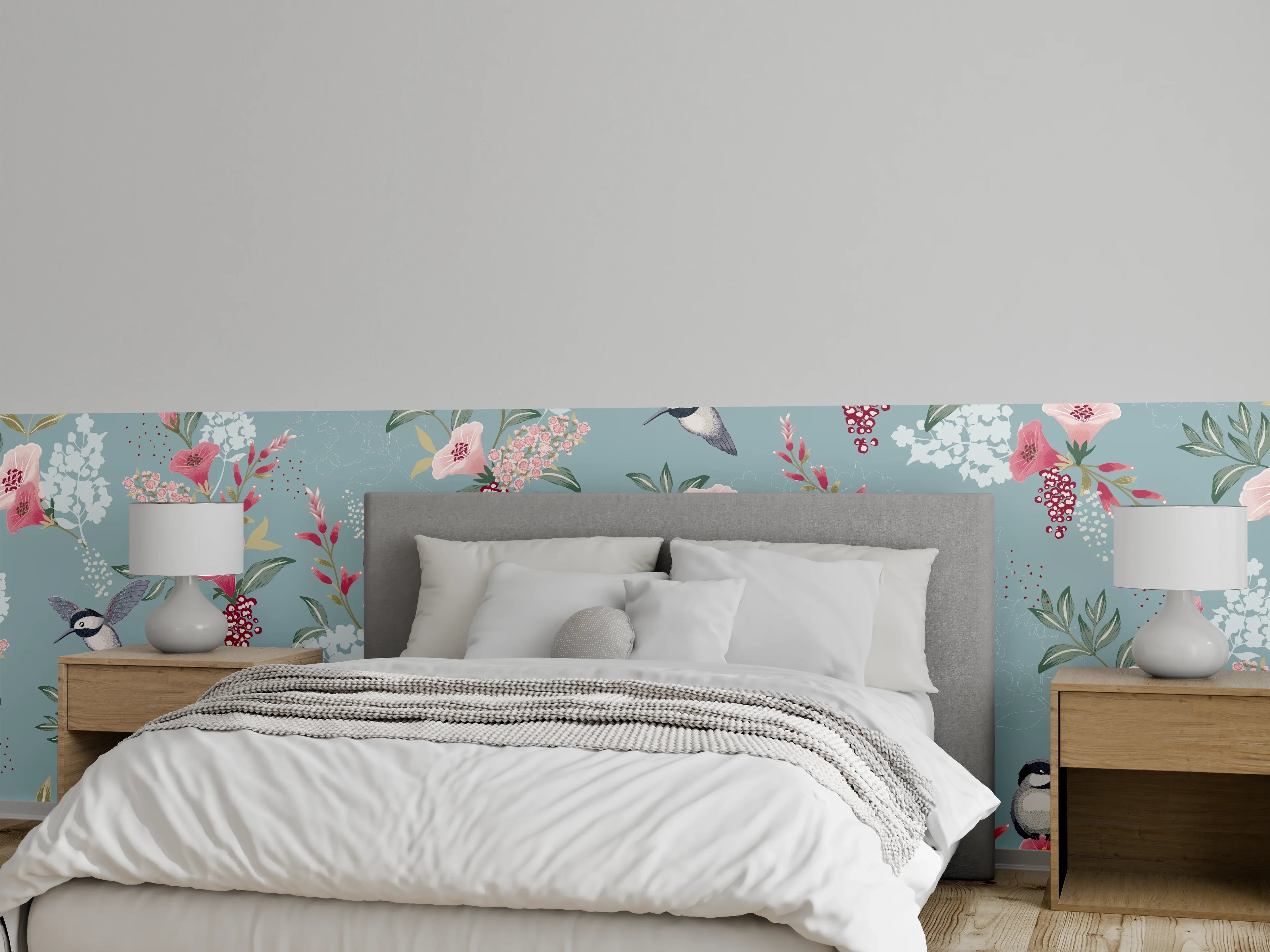 Wandverkleidung Schlafzimmer - Floral-Bird-Muster Blaugrau