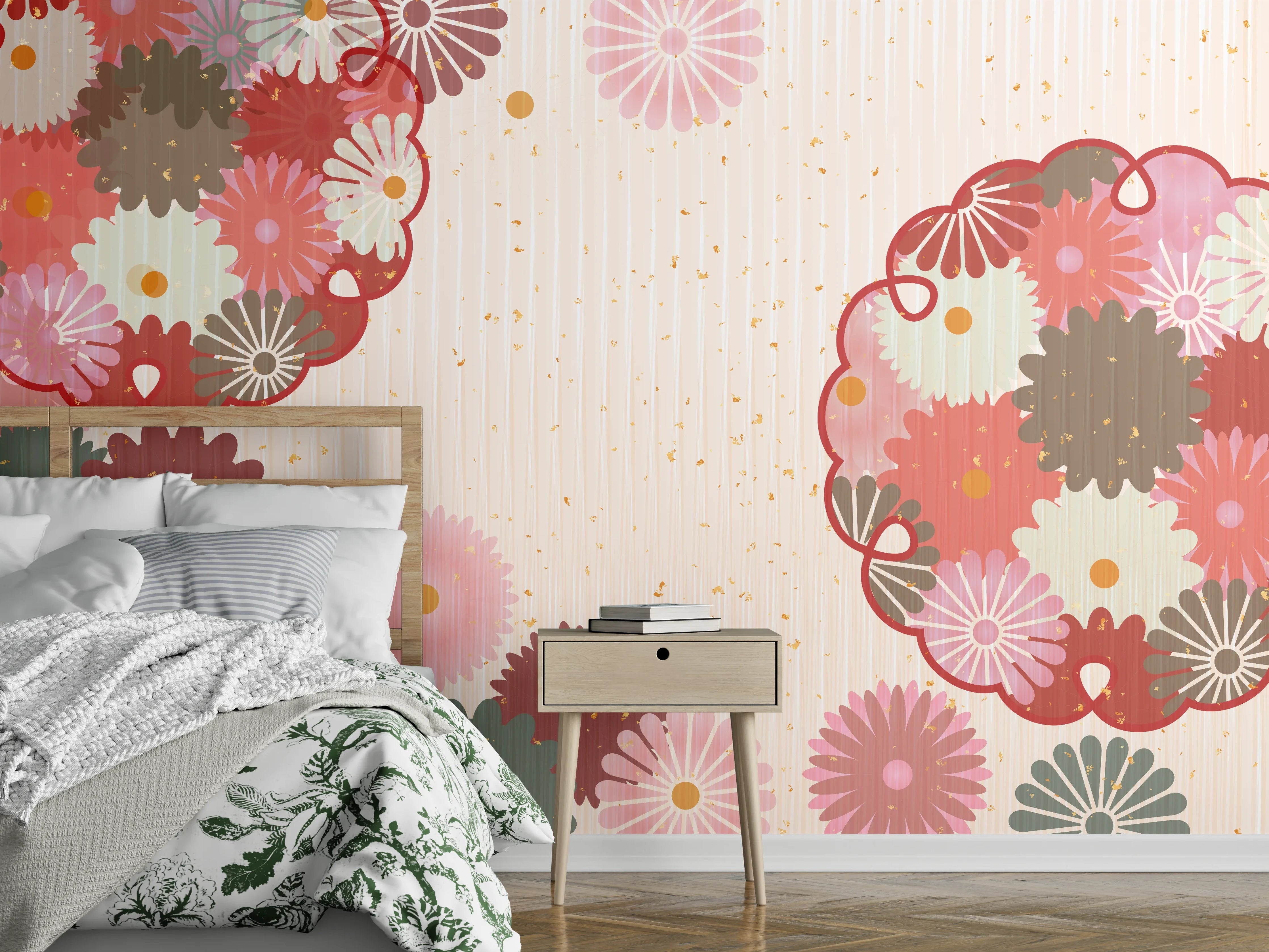 Wandverkleidung Schlafzimmer - Floral Blumenmuster Beige Rot