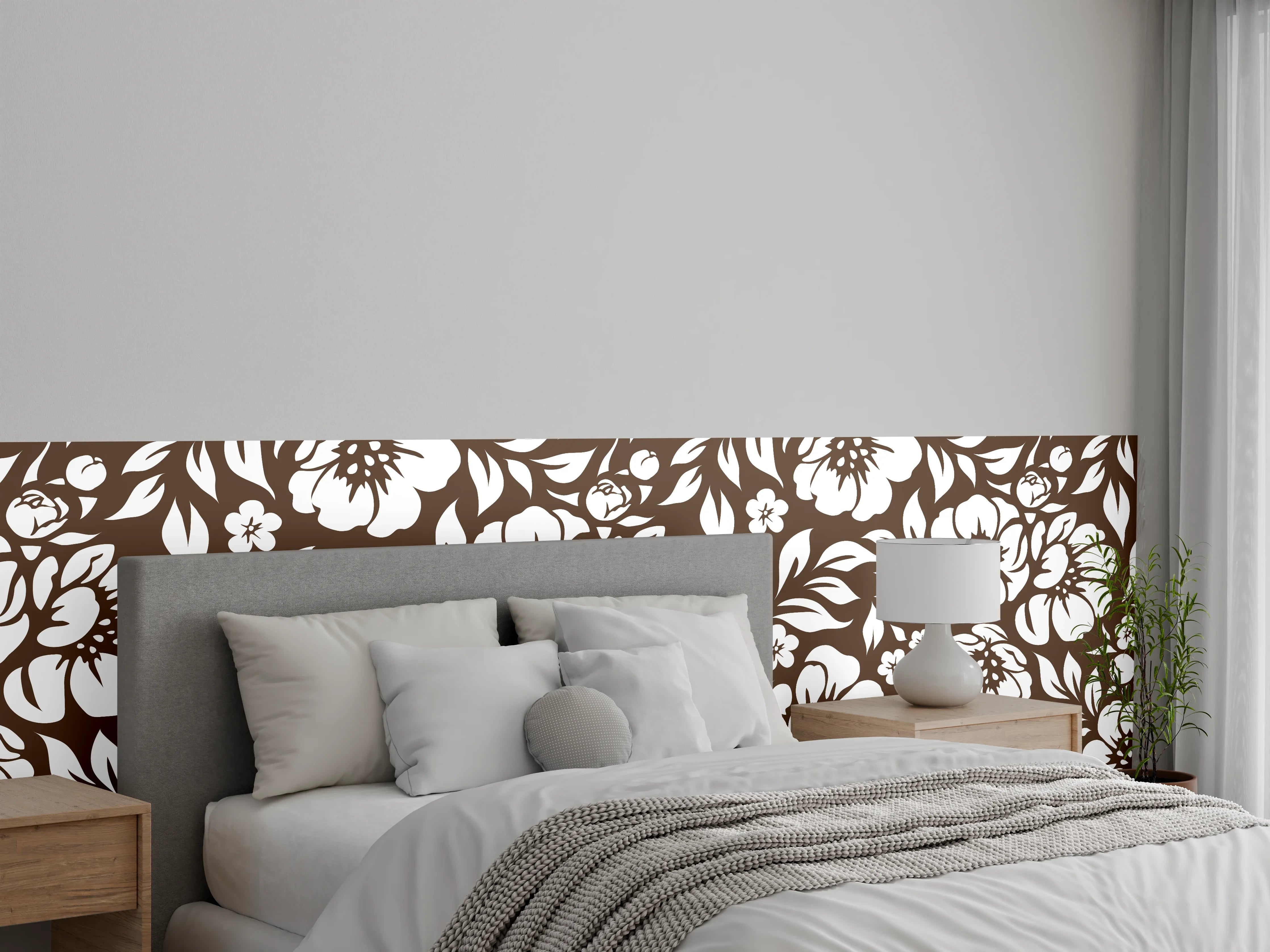 Wandverkleidung Schlafzimmer - Florale Graubraun-Tapete mit Weißakzenten