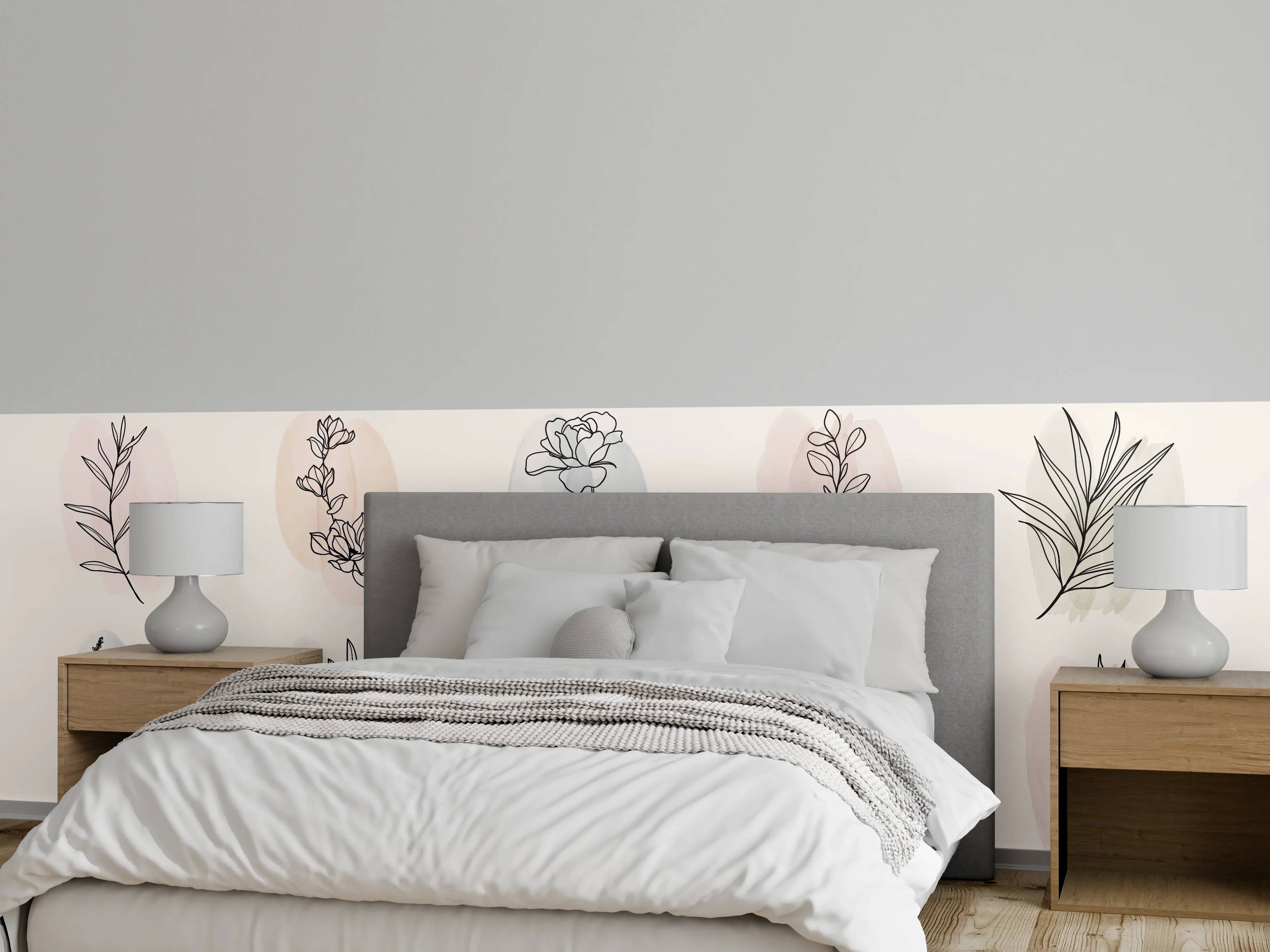 Wandverkleidung Schlafzimmer - Florale Lineart Zeichnung Kollektion