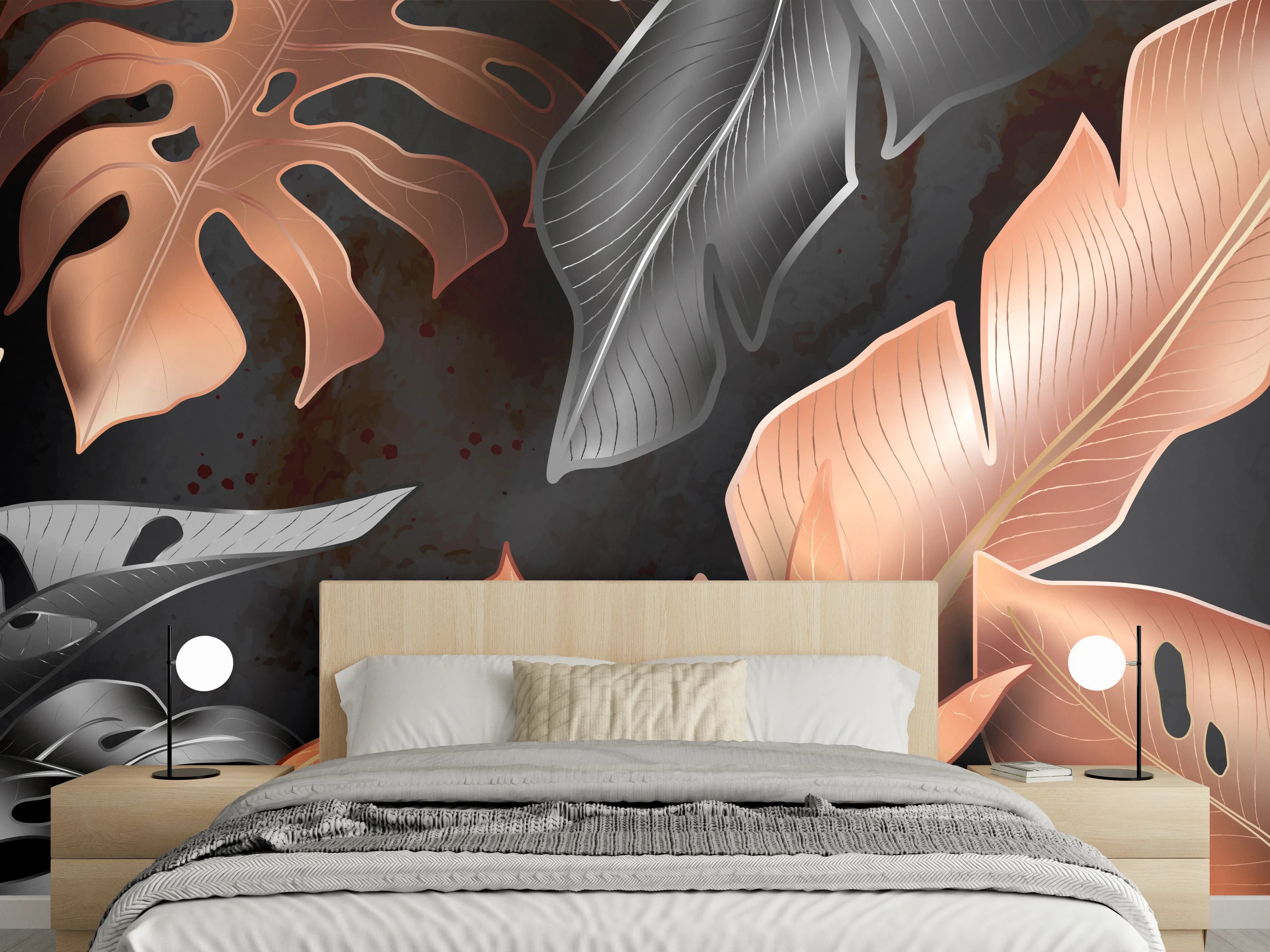 Wandverkleidung Schlafzimmer - Florale Muster Schwarz Kupfer