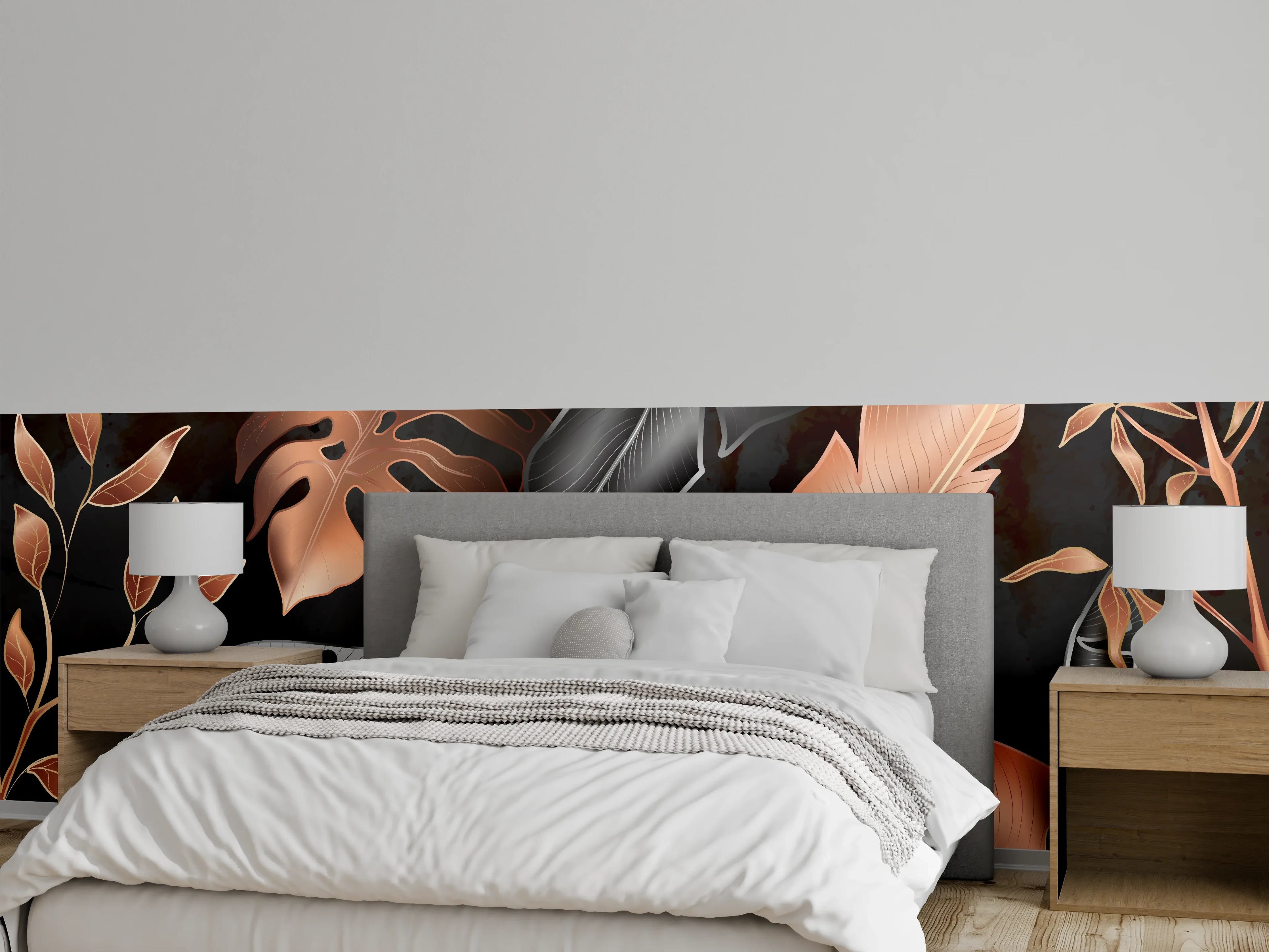 Wandverkleidung Schlafzimmer - Florale Muster Schwarz Kupfer