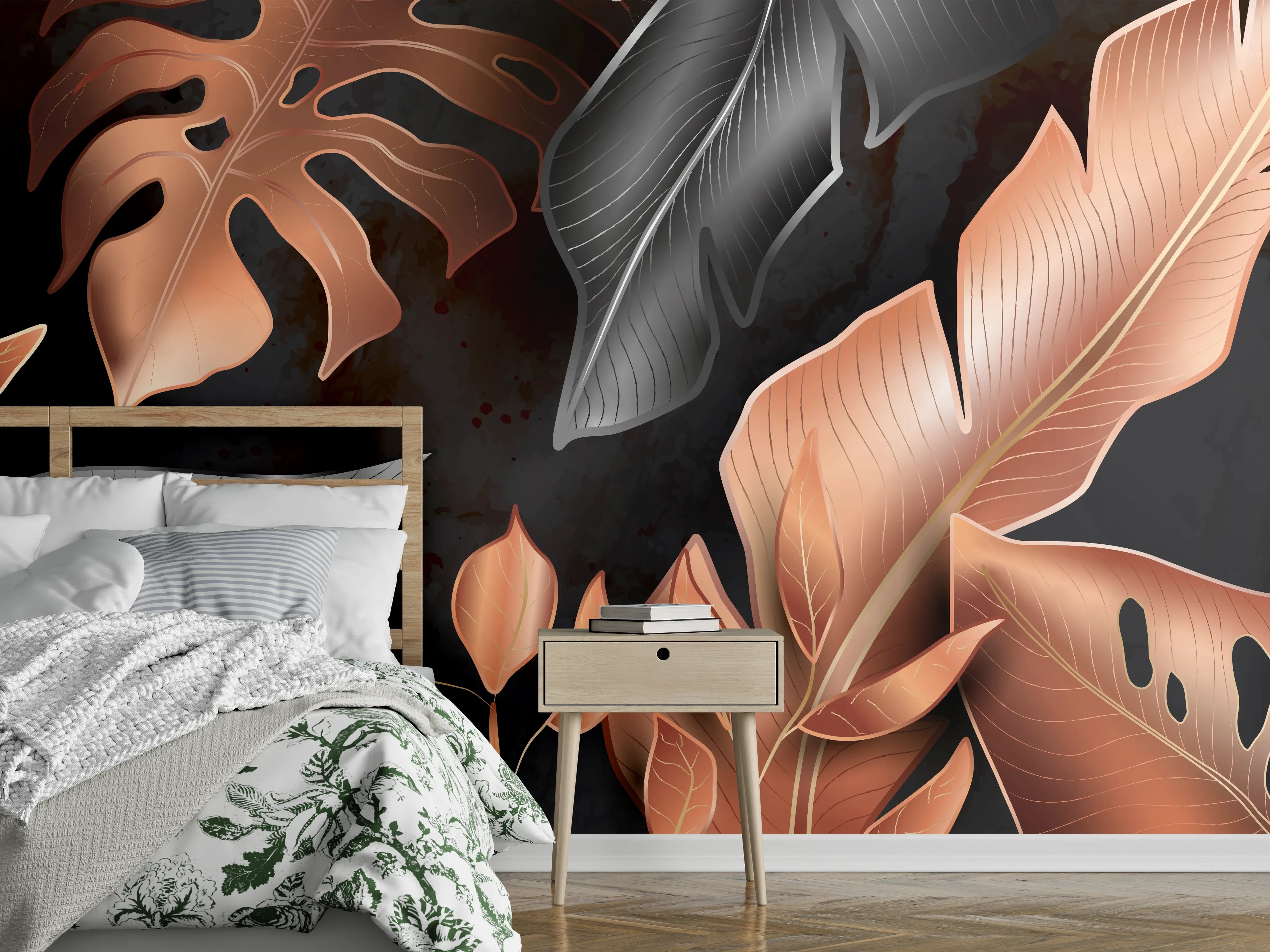 Wandverkleidung Schlafzimmer - Florale Muster Schwarz Kupfer