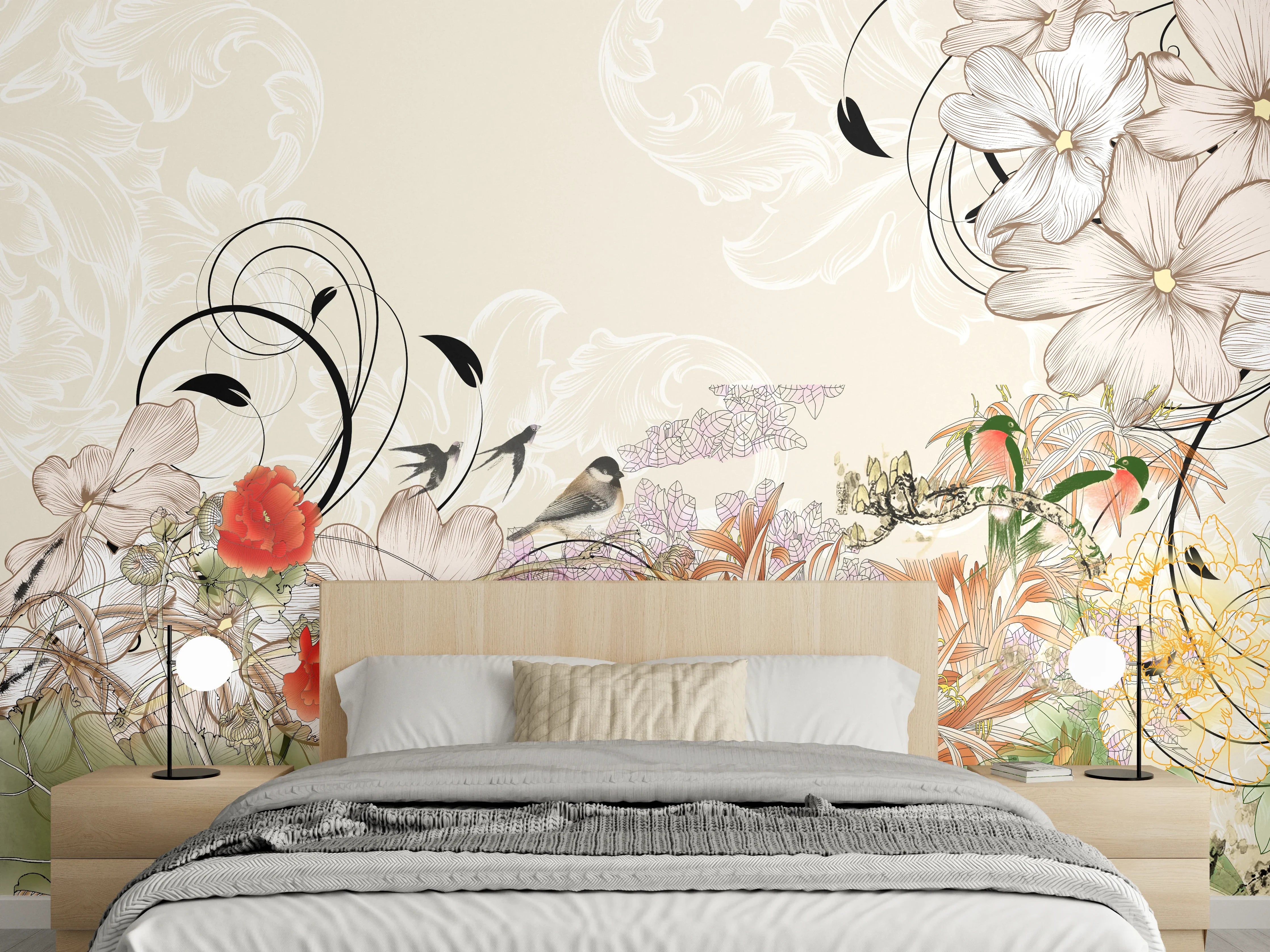 Wandverkleidung Schlafzimmer - Florale Vintage Blumen Illustration Beige