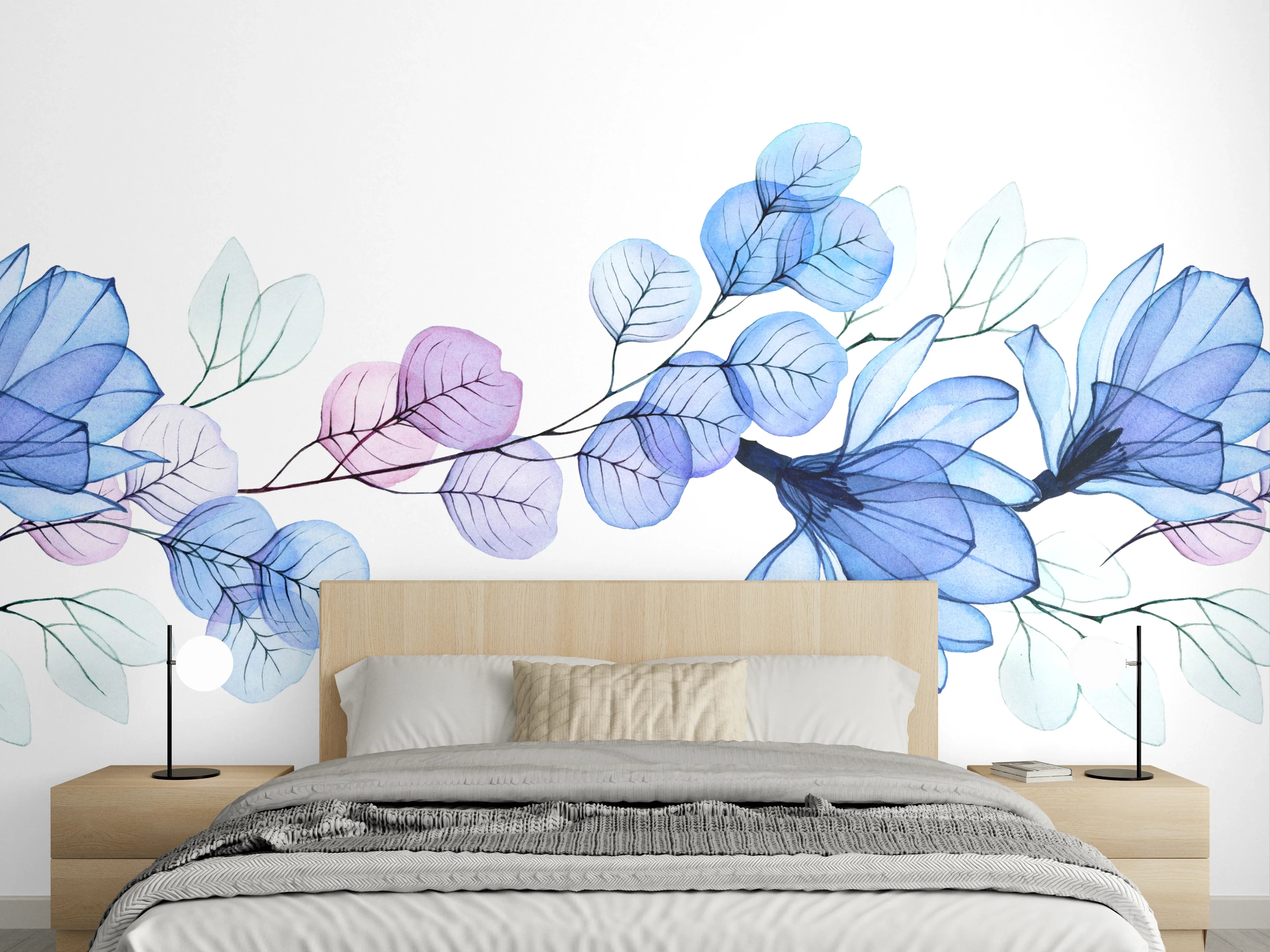 Wandverkleidung Schlafzimmer - Florales Aquarell Bordüre Blau Lila