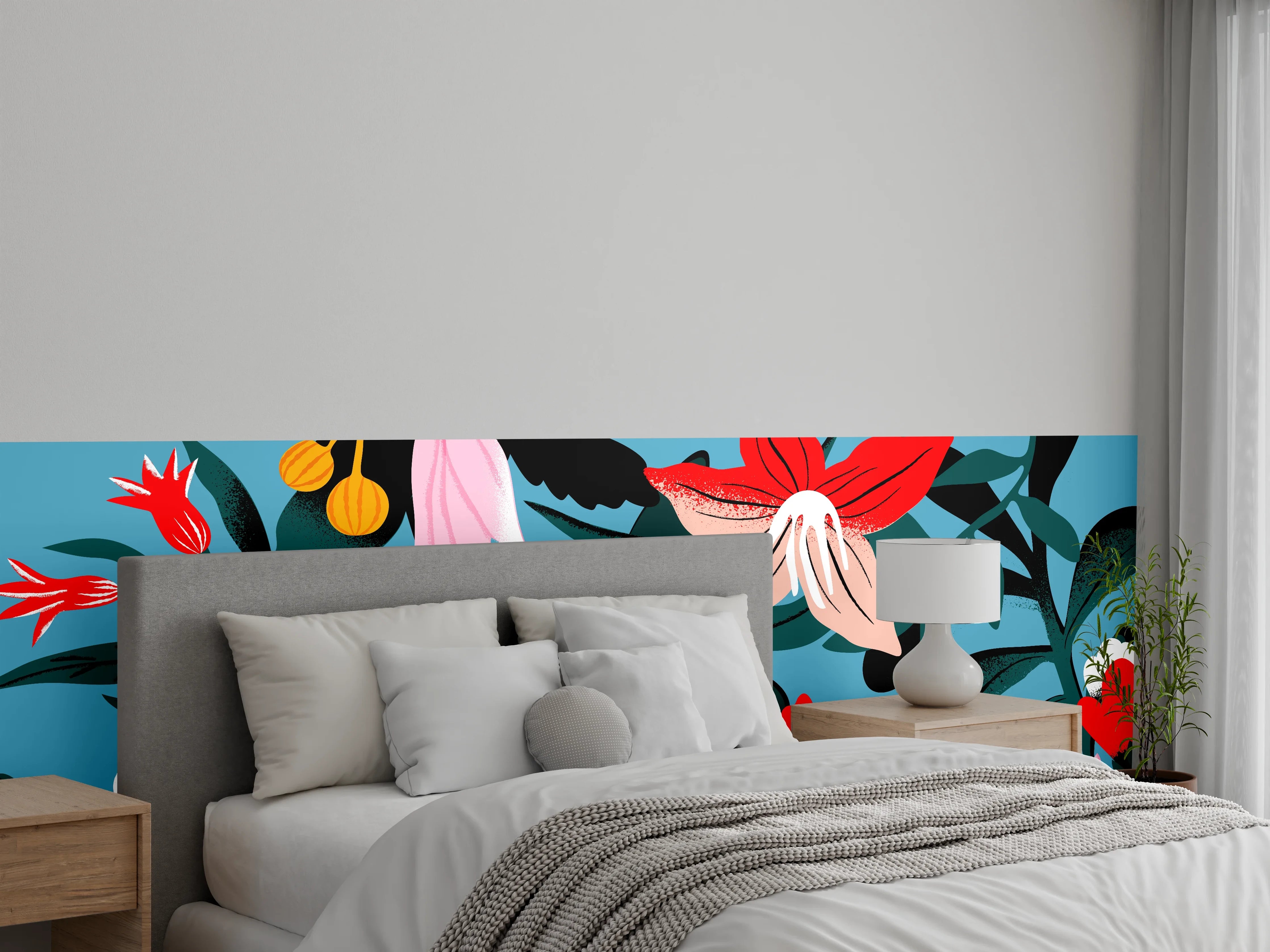 Wandverkleidung Schlafzimmer - Florales Blau-Rot Muster