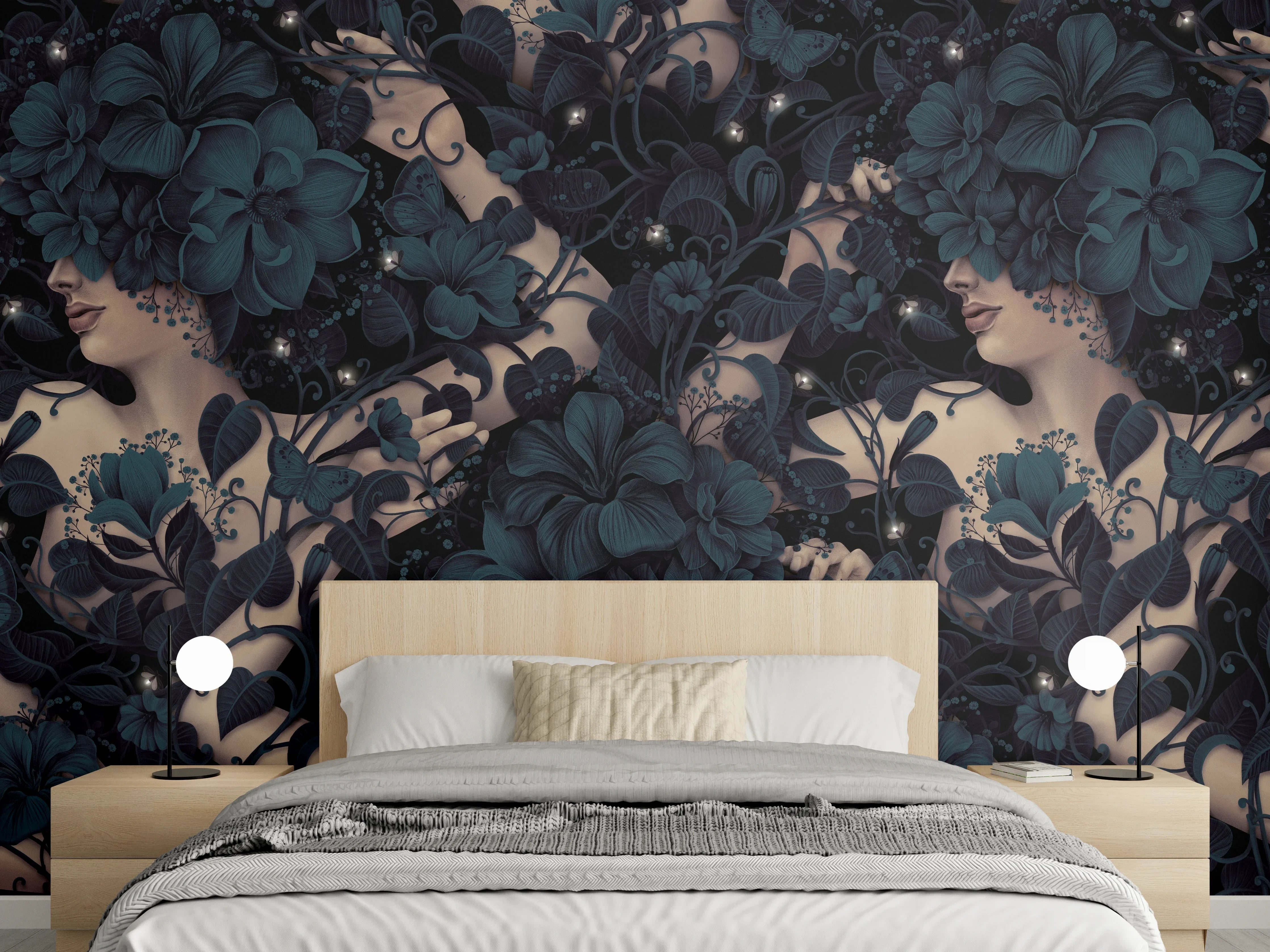 Wandverkleidung Schlafzimmer - Florales Damenmotiv im Art Deco Stil