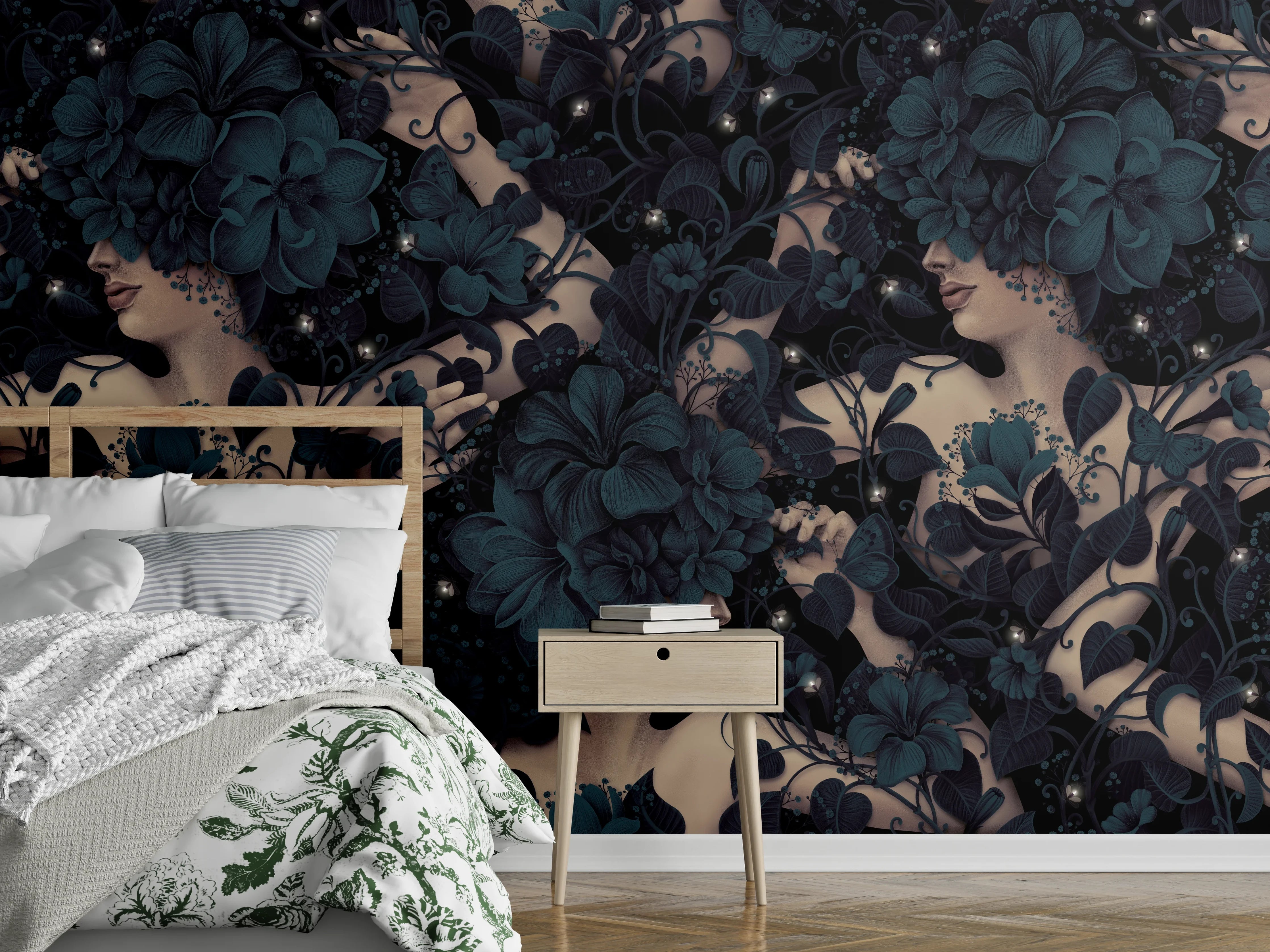 Wandverkleidung Schlafzimmer - Florales Damenmotiv im Art Deco Stil