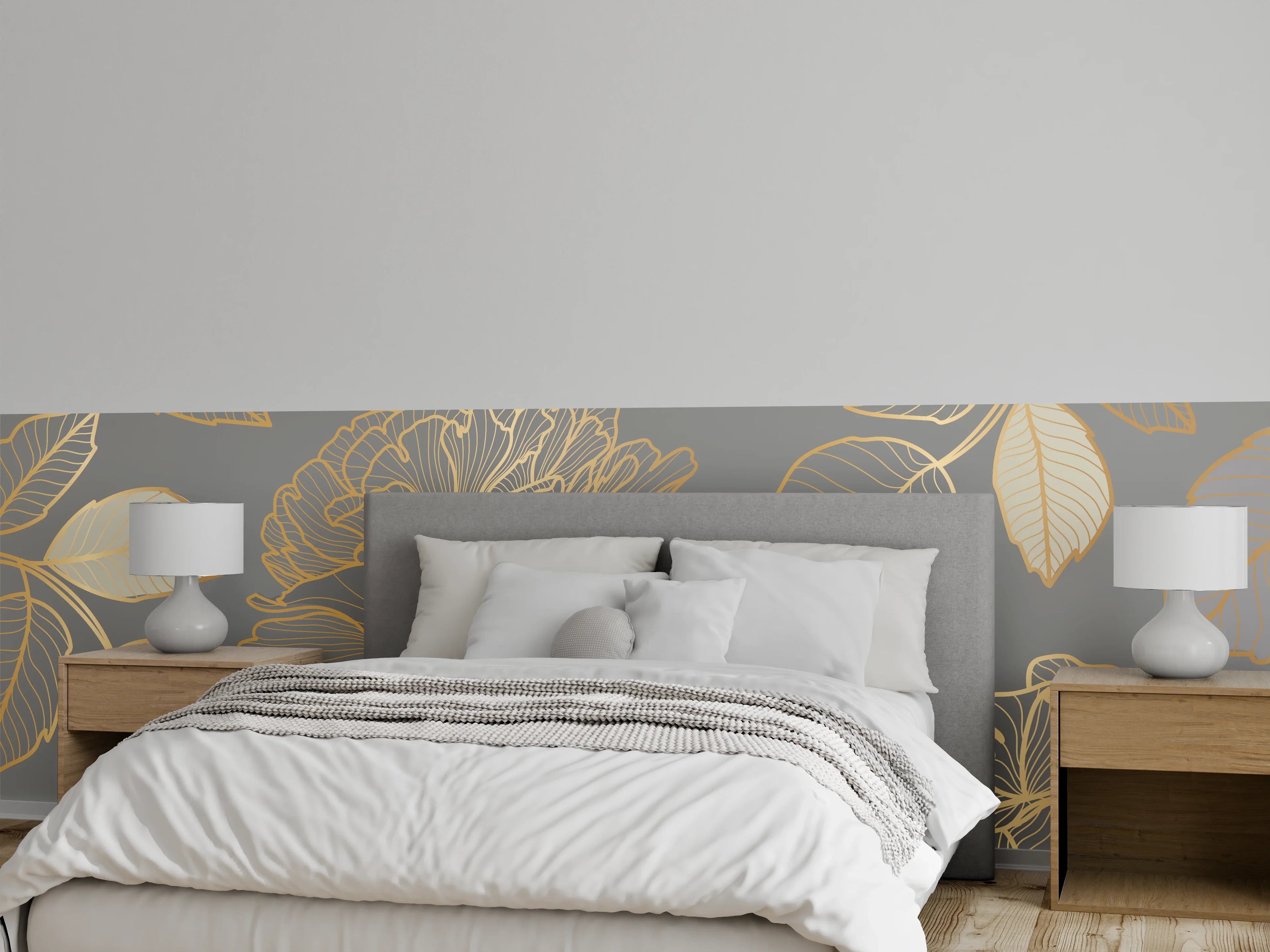 Wandverkleidung Schlafzimmer - Florales Gold-Muster Design