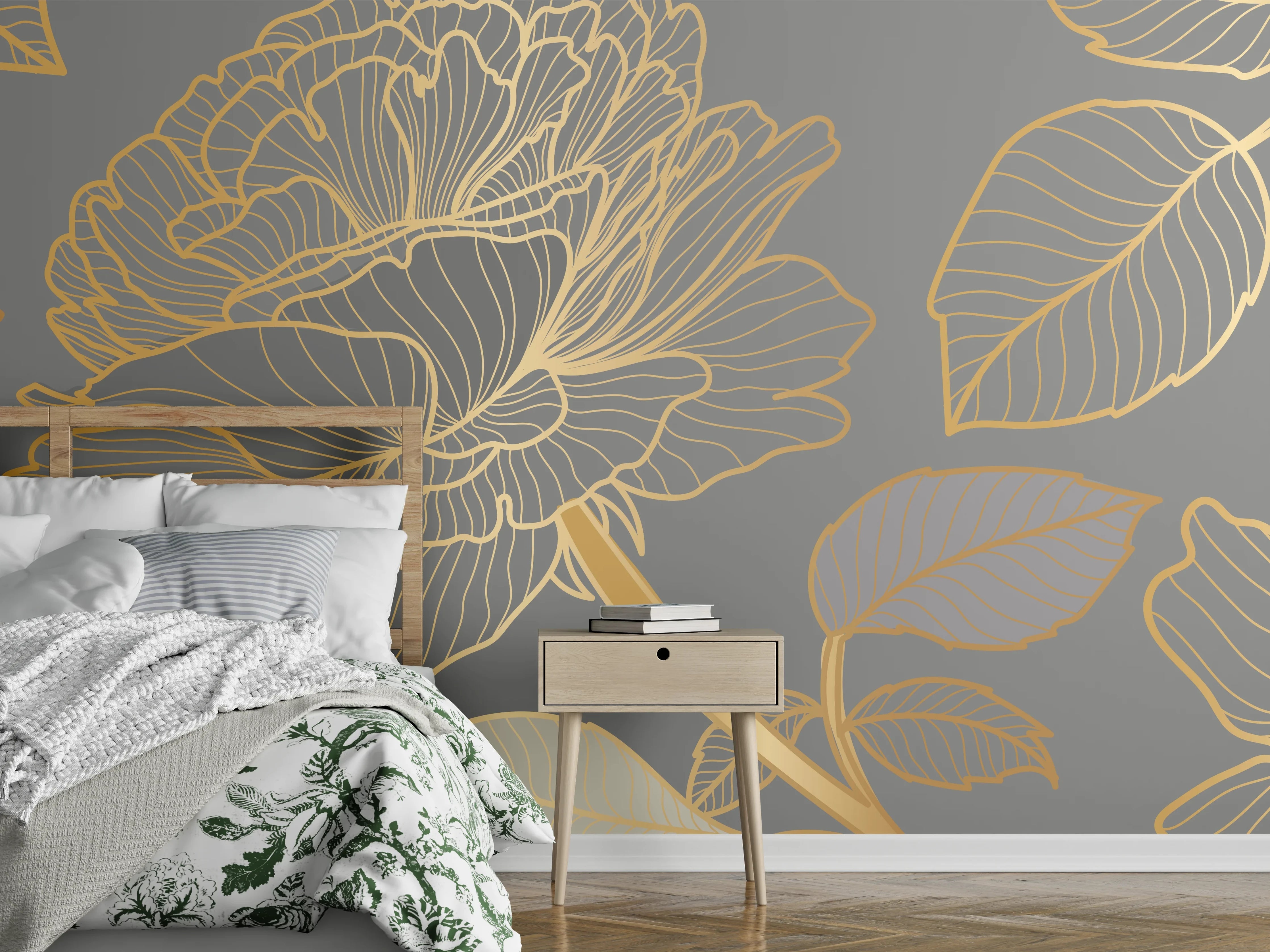 Wandverkleidung Schlafzimmer - Florales Gold-Muster Design