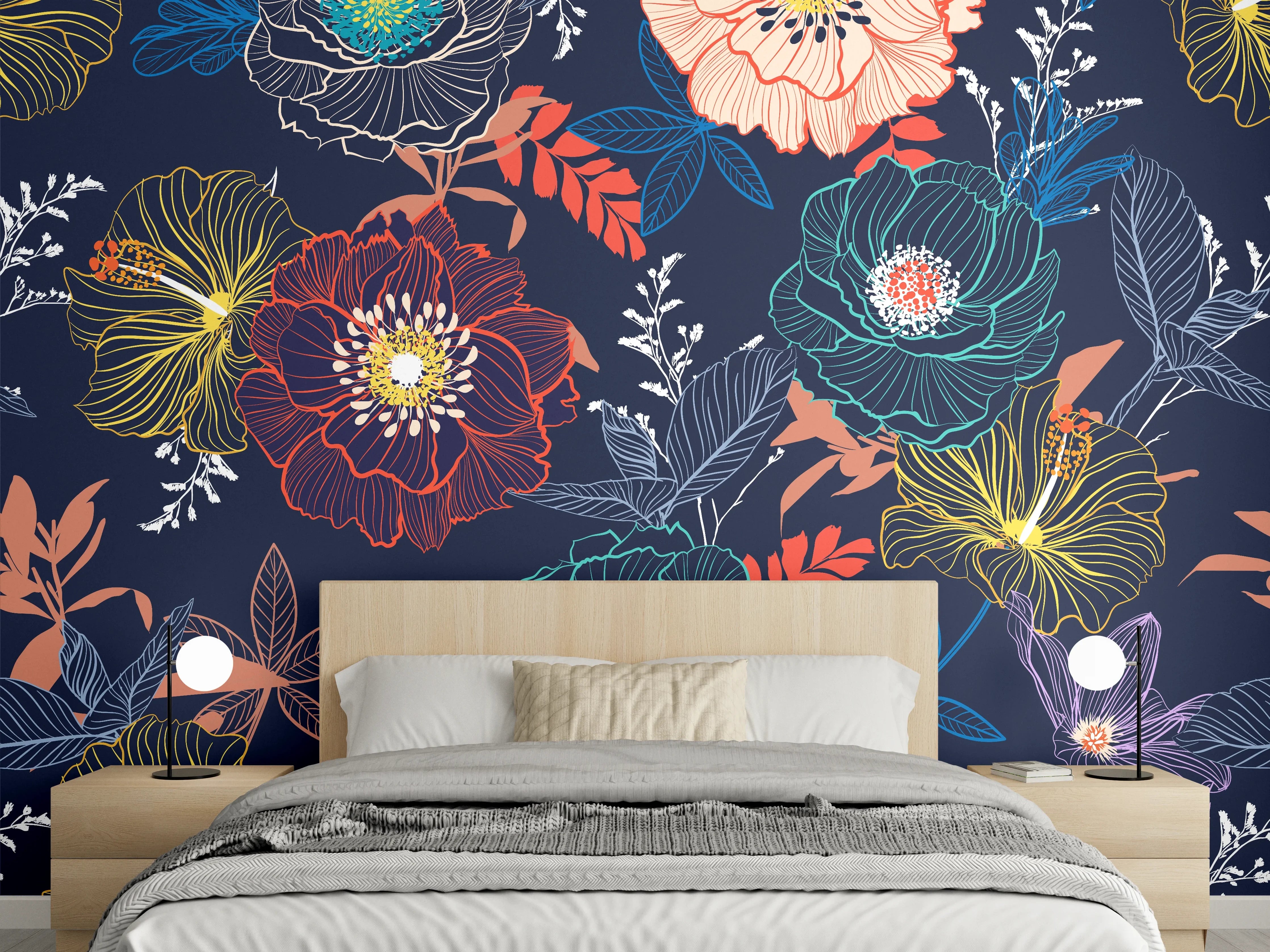 Wandverkleidung Schlafzimmer - Florales Linienmuster auf dunklem Grund