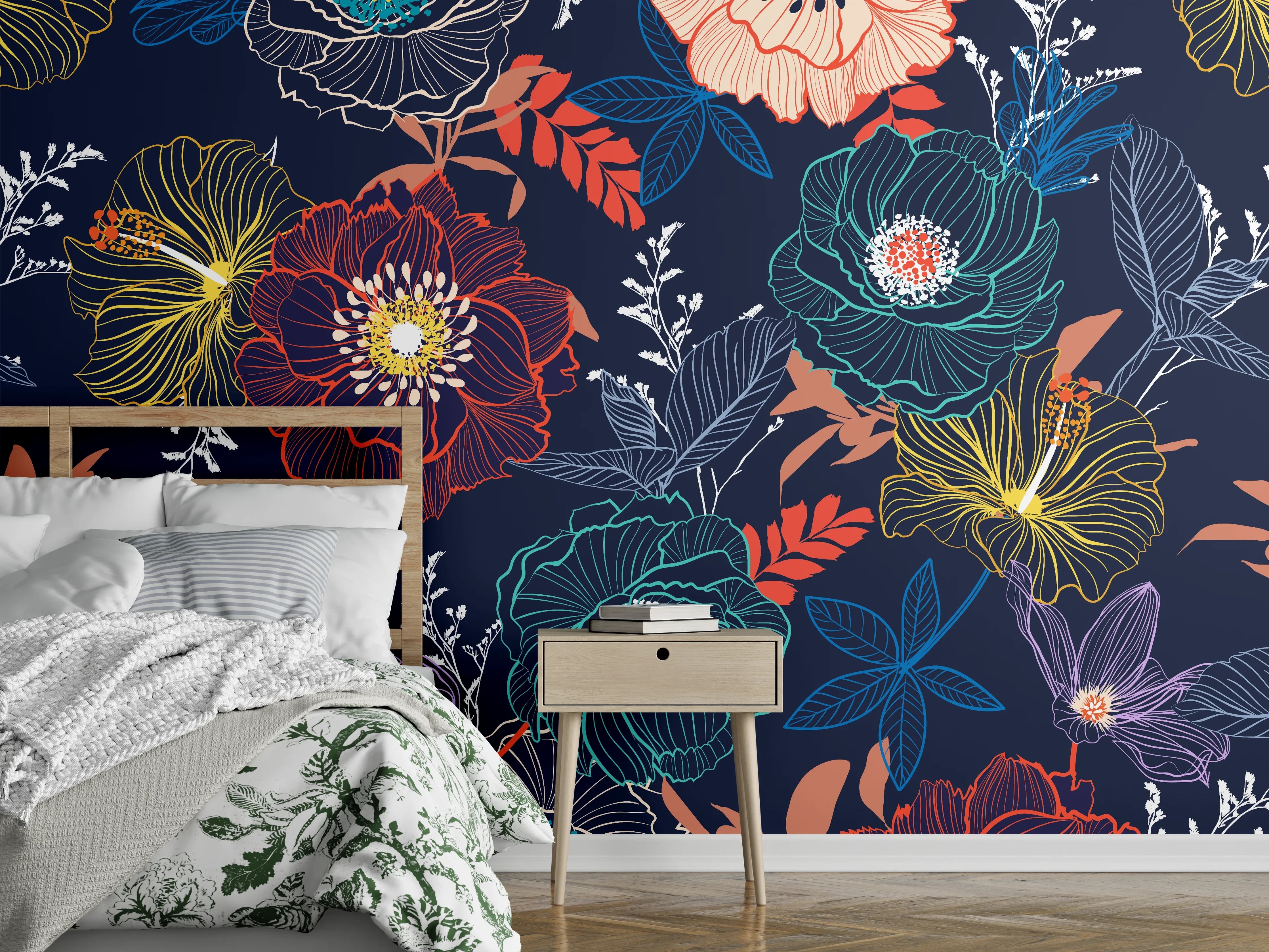Wandverkleidung Schlafzimmer - Florales Linienmuster auf dunklem Grund