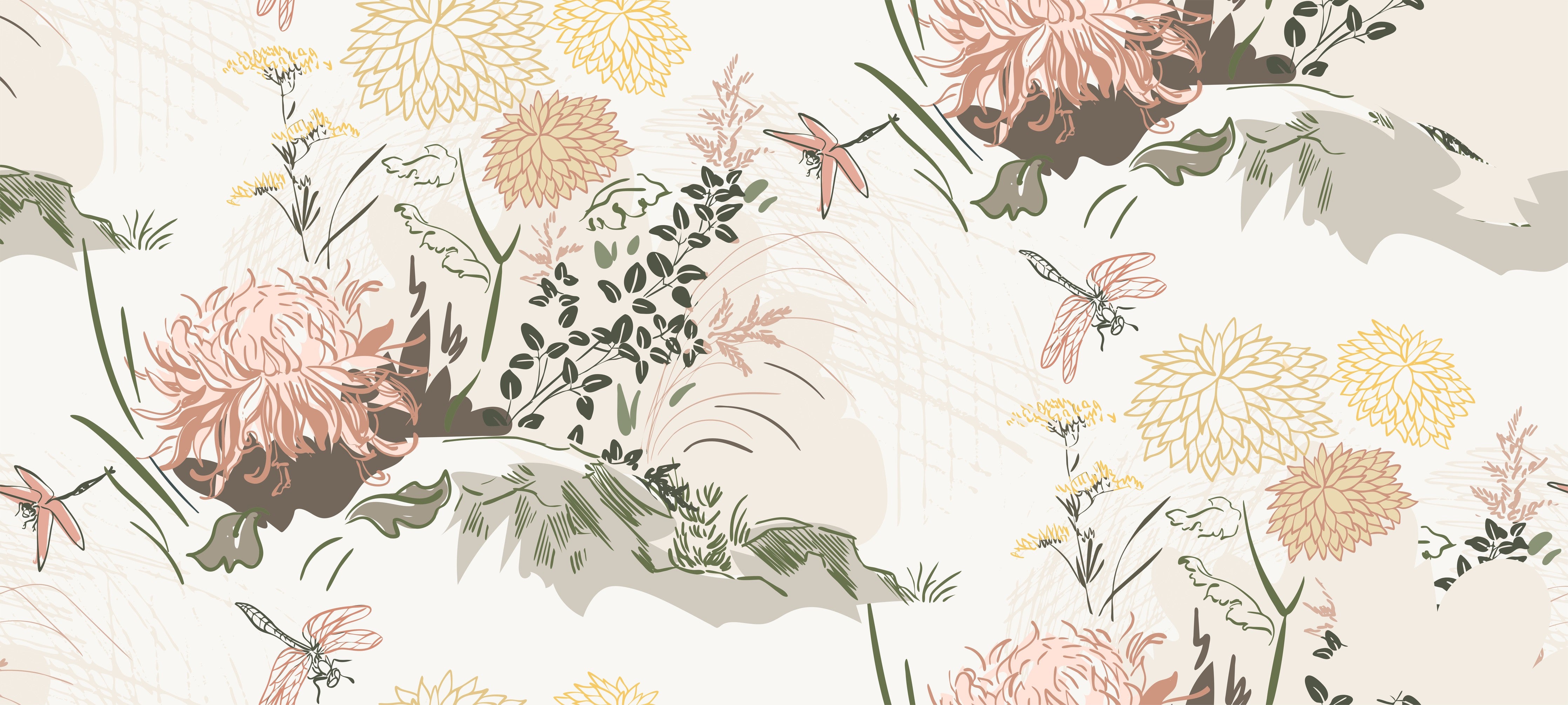 Wandverkleidung Schlafzimmer-Florales Muster Beige-Grün-Rosa