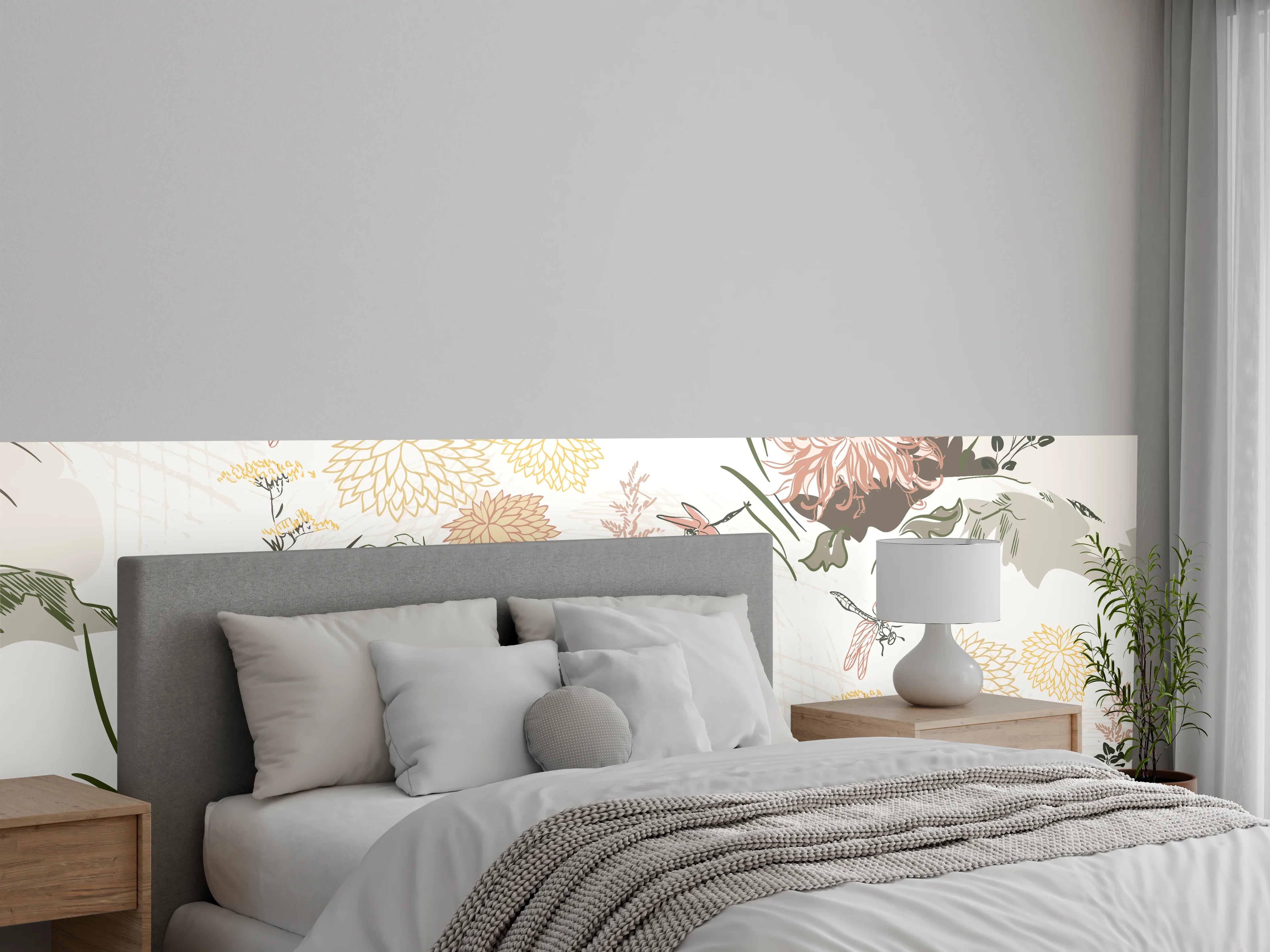Wandverkleidung Schlafzimmer - Florales Muster Beige-Grün-Rosa