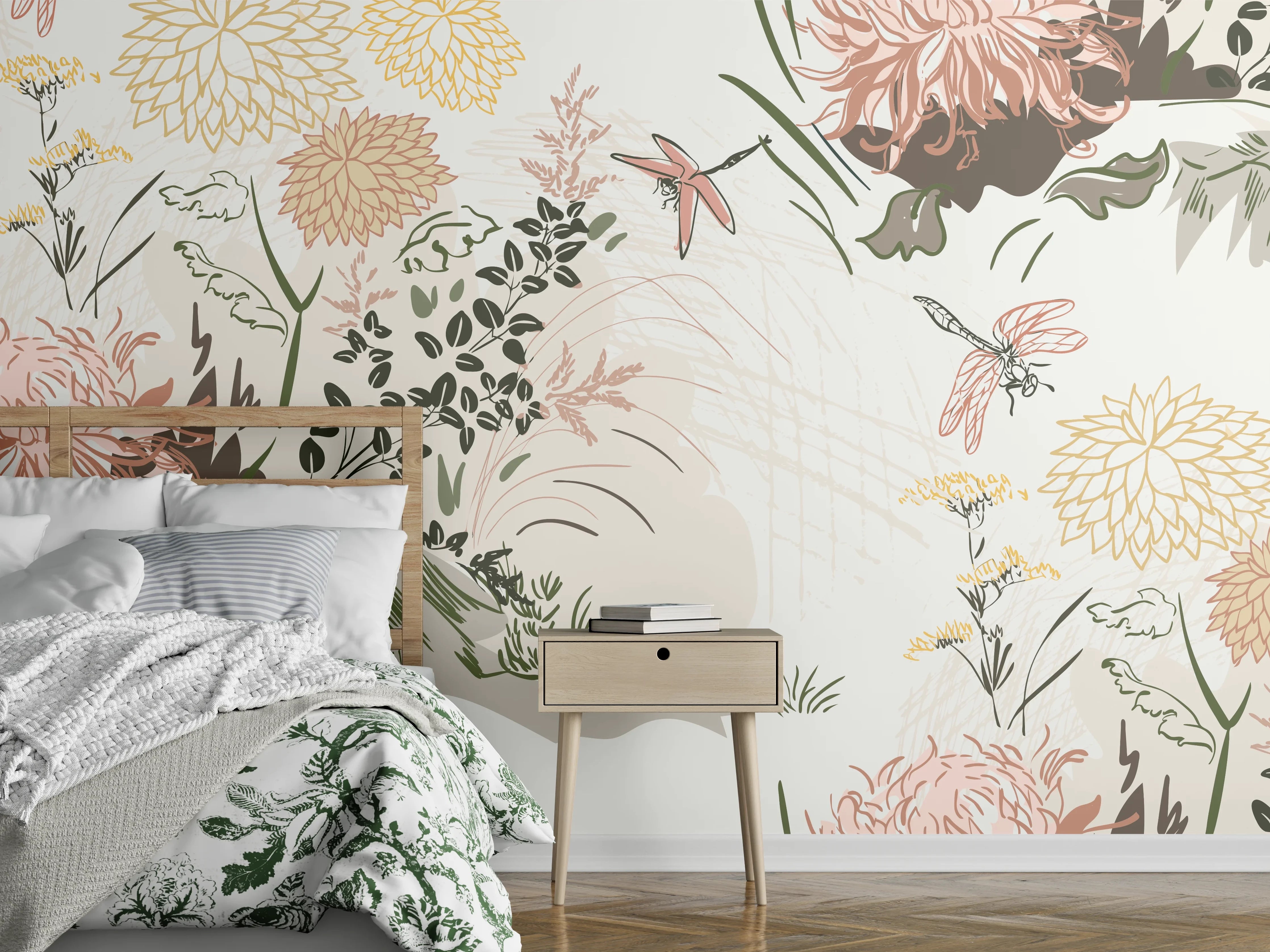 Wandverkleidung Schlafzimmer - Florales Muster Beige-Grün-Rosa