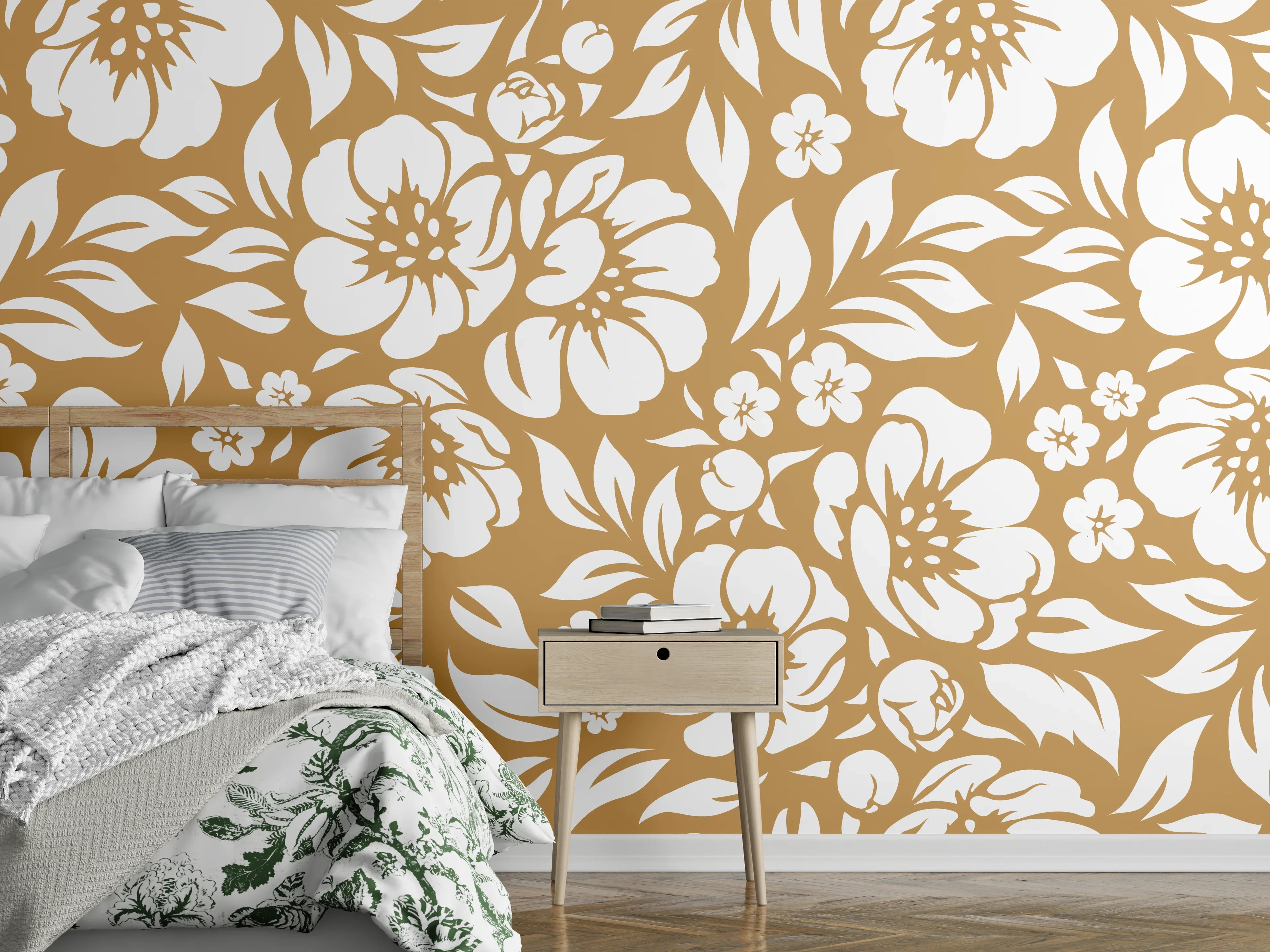 Wandverkleidung Schlafzimmer - Florales Muster Braun-Weiß zeitlos elegant