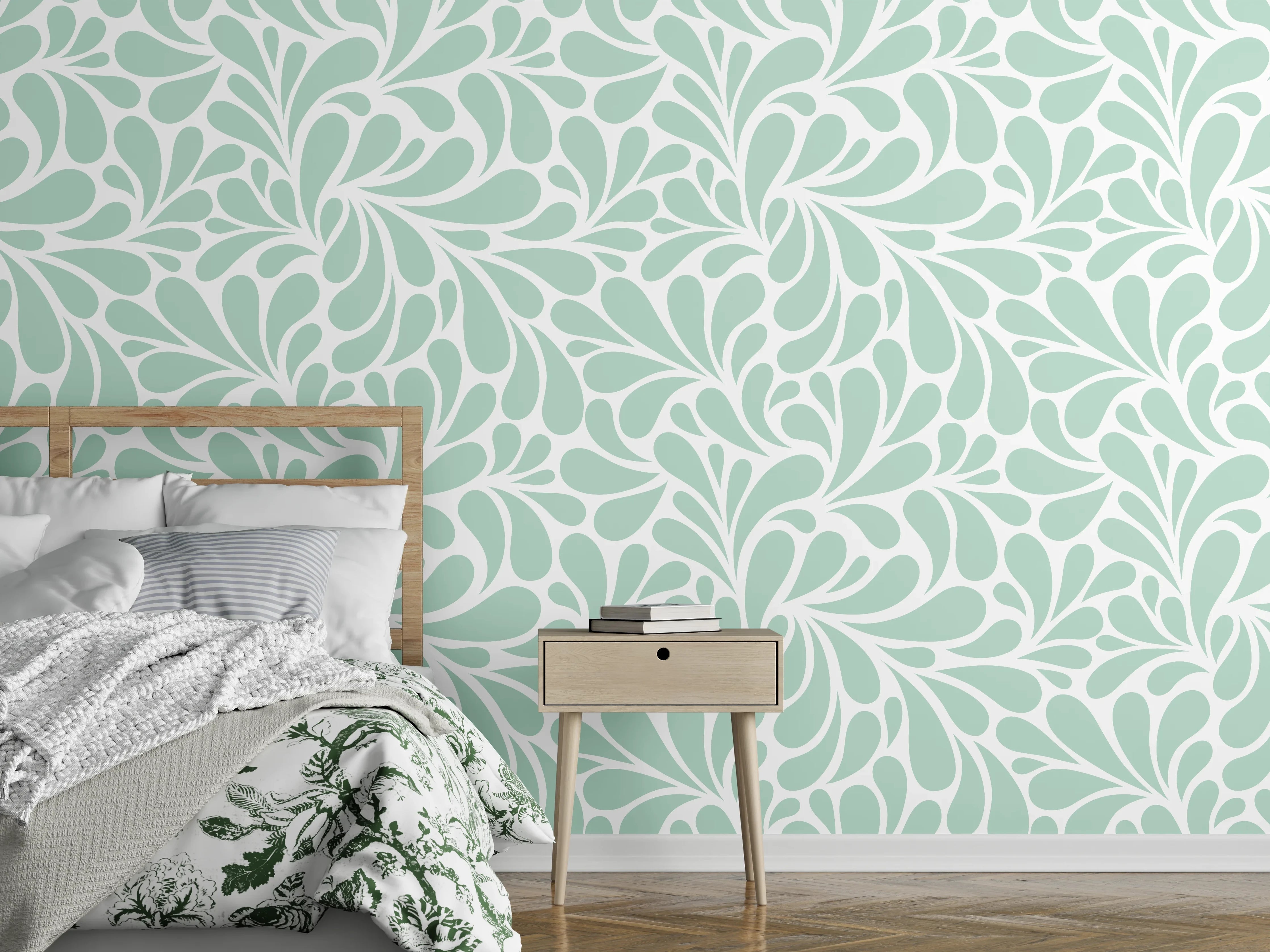 Wandverkleidung Schlafzimmer - Florales Muster Mintgrün auf Weiß
