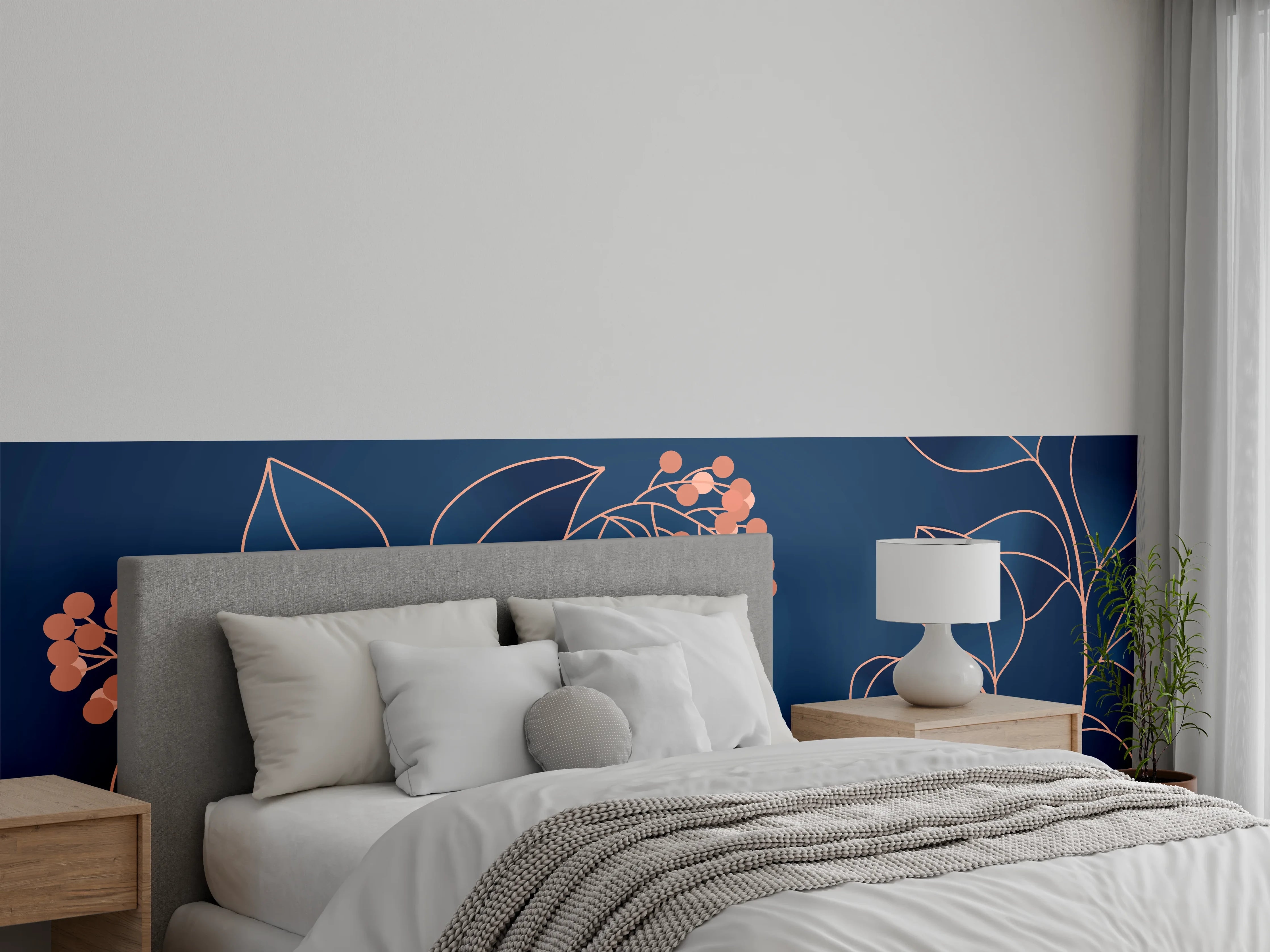 Wandverkleidung Schlafzimmer - Florales Muster Navy-Orange