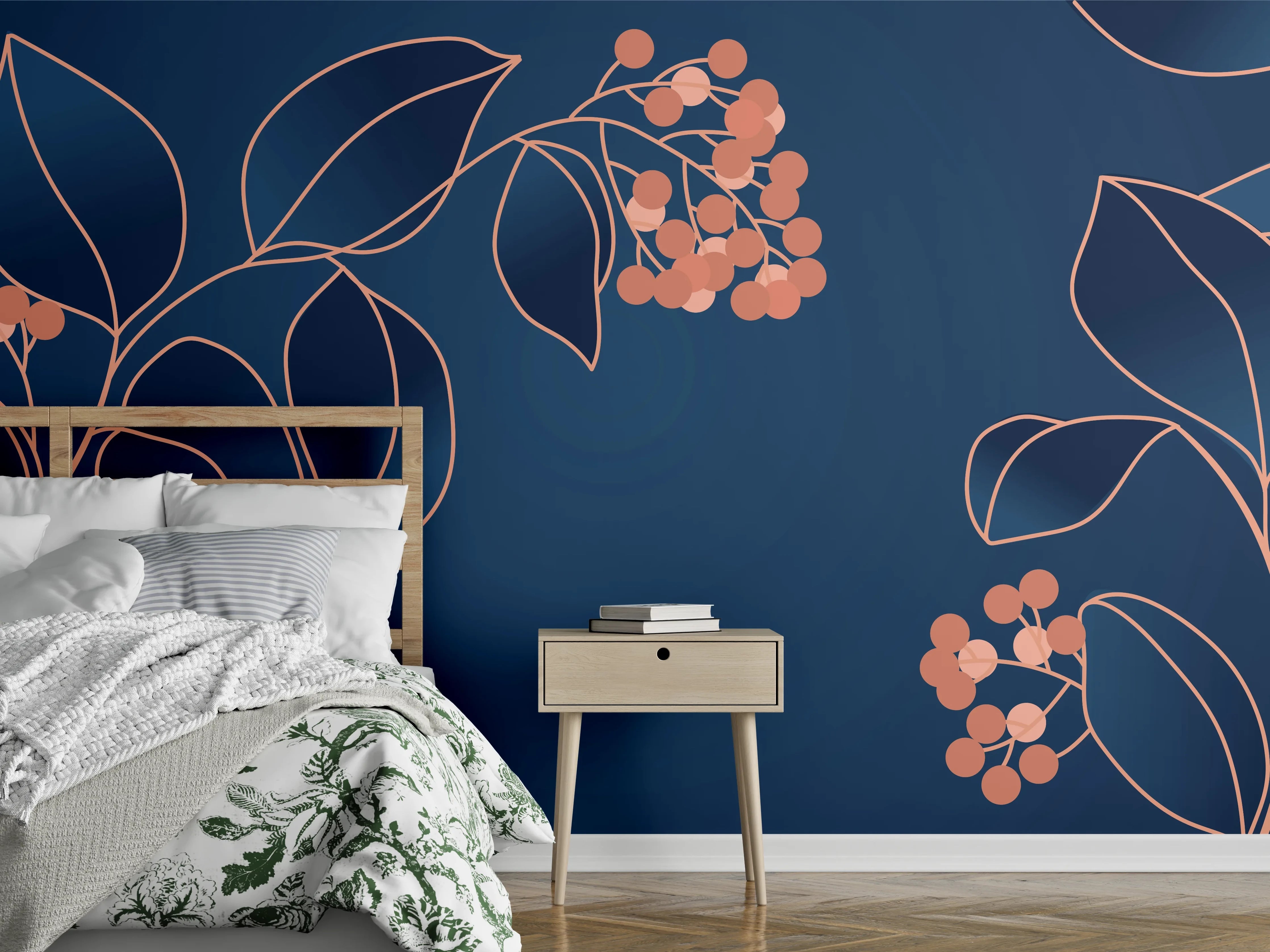 Wandverkleidung Schlafzimmer - Florales Muster Navy-Orange