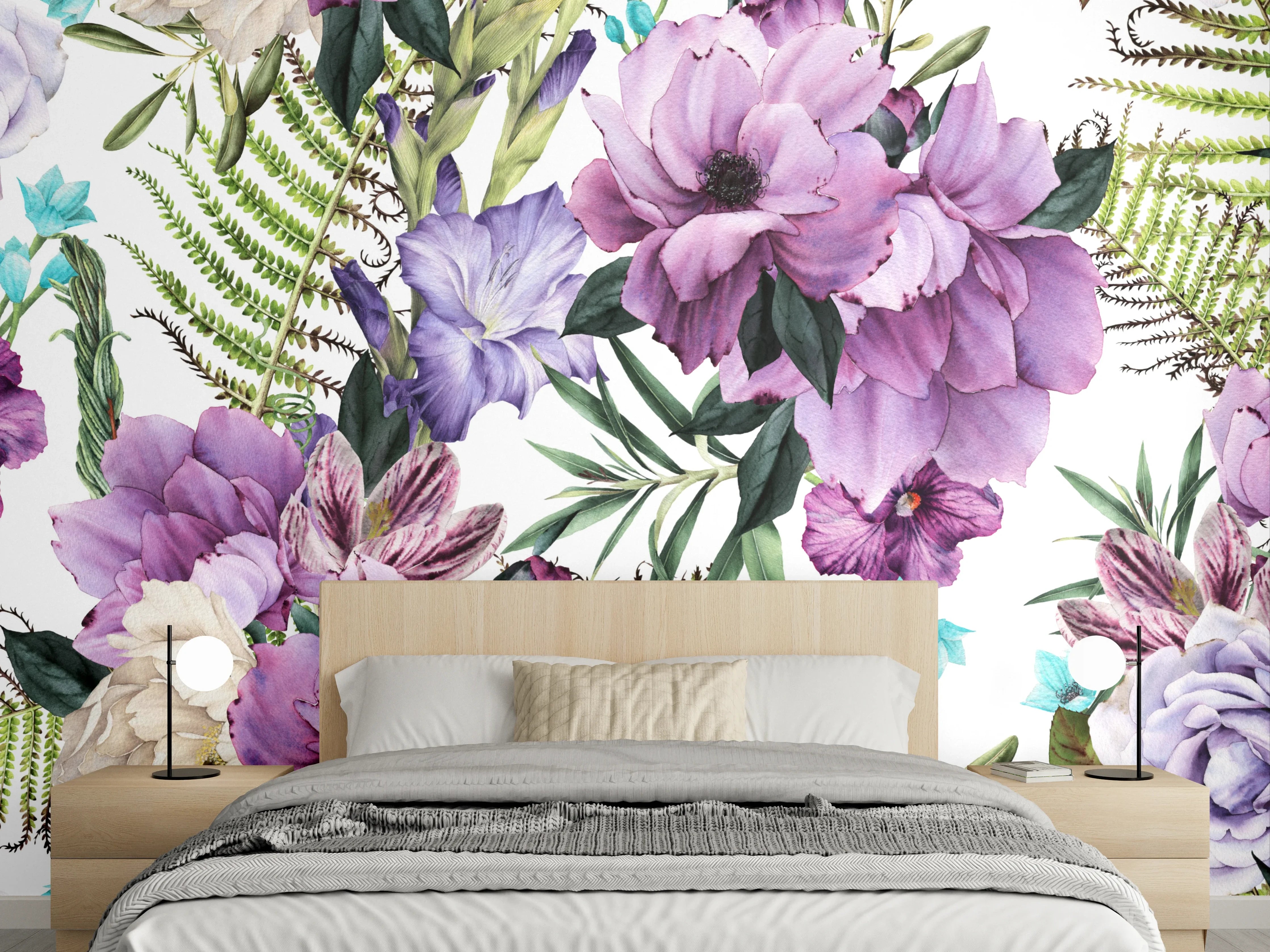 Wandverkleidung Schlafzimmer - Florales Muster Pastell Lila Grün